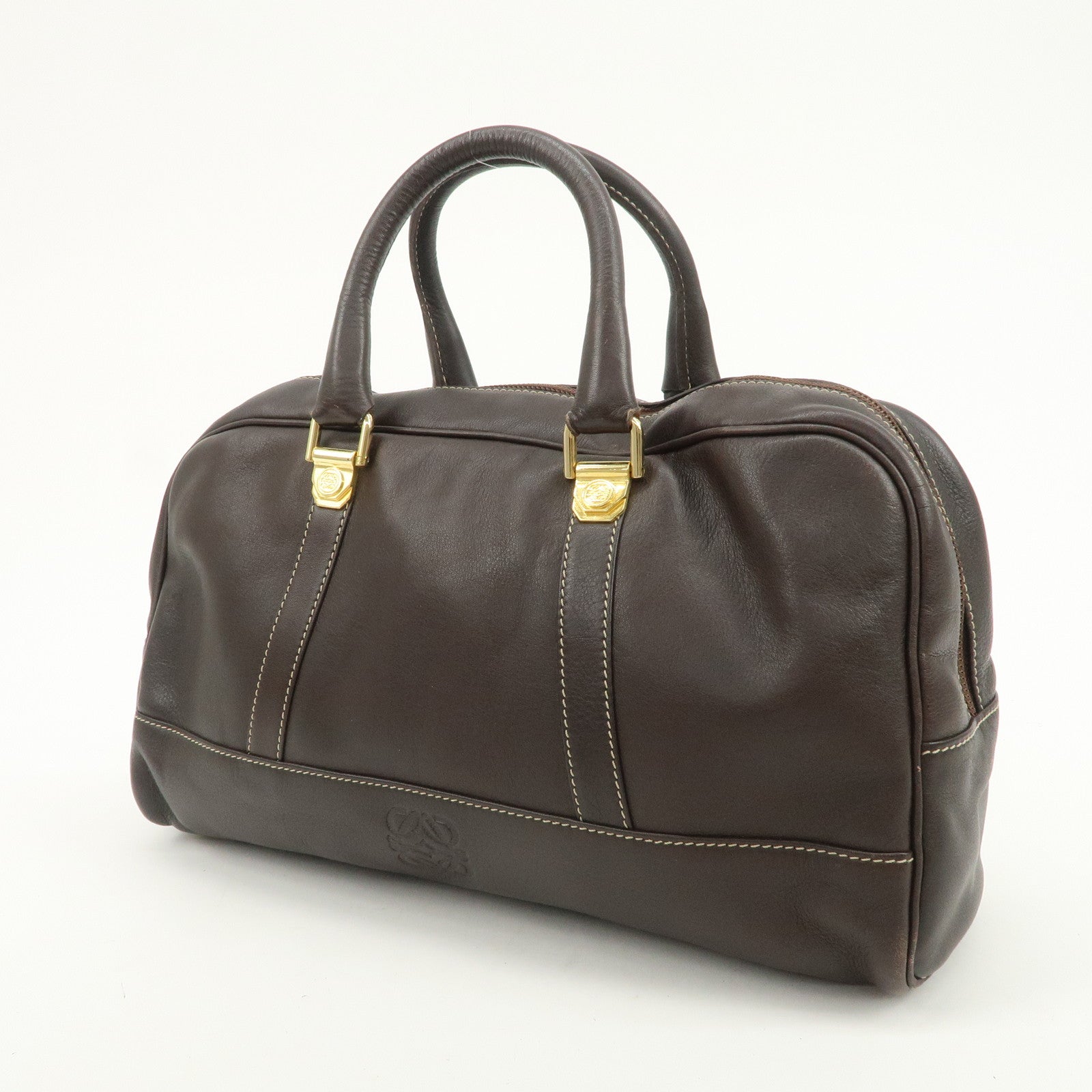 LOEWE Anagram Leather Boston Bag Hand Bag Dark Brown