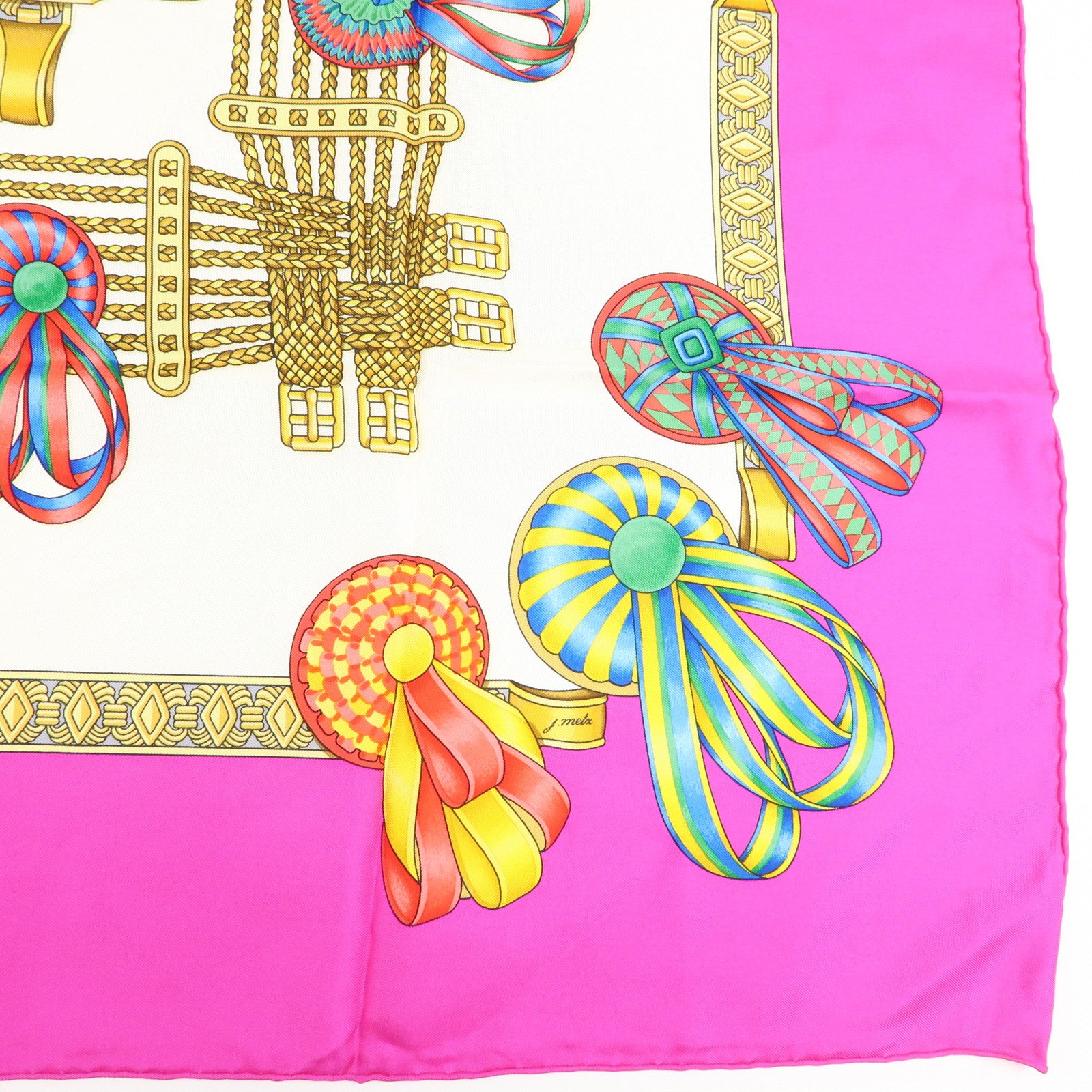 HERMES Carre 90 Silk 100% Scarf LES RUBANS DU CHEVAL Pink White