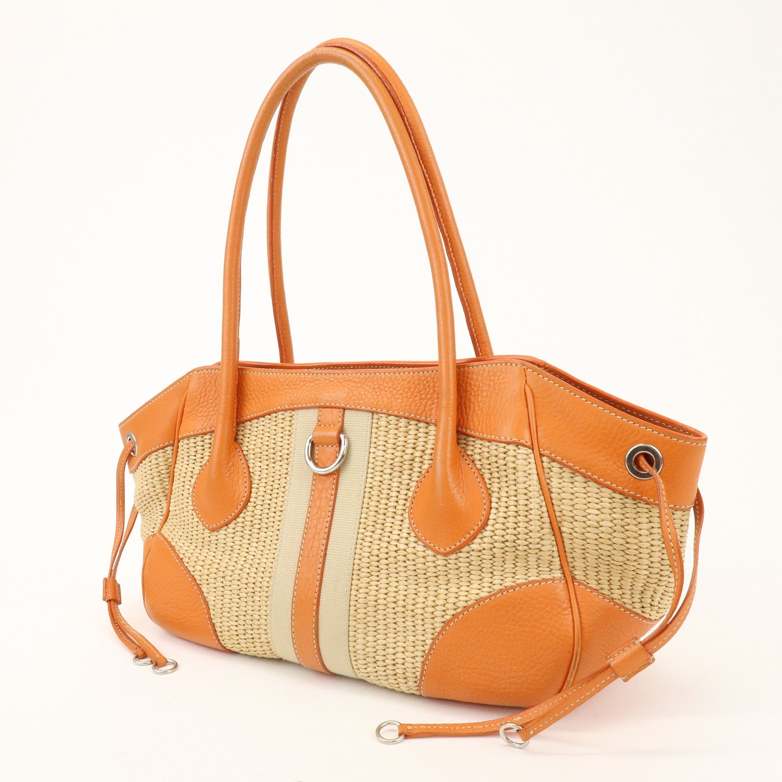 PRADA Triangle Logo Raffia Leather Shoulder Bag Natural Orange