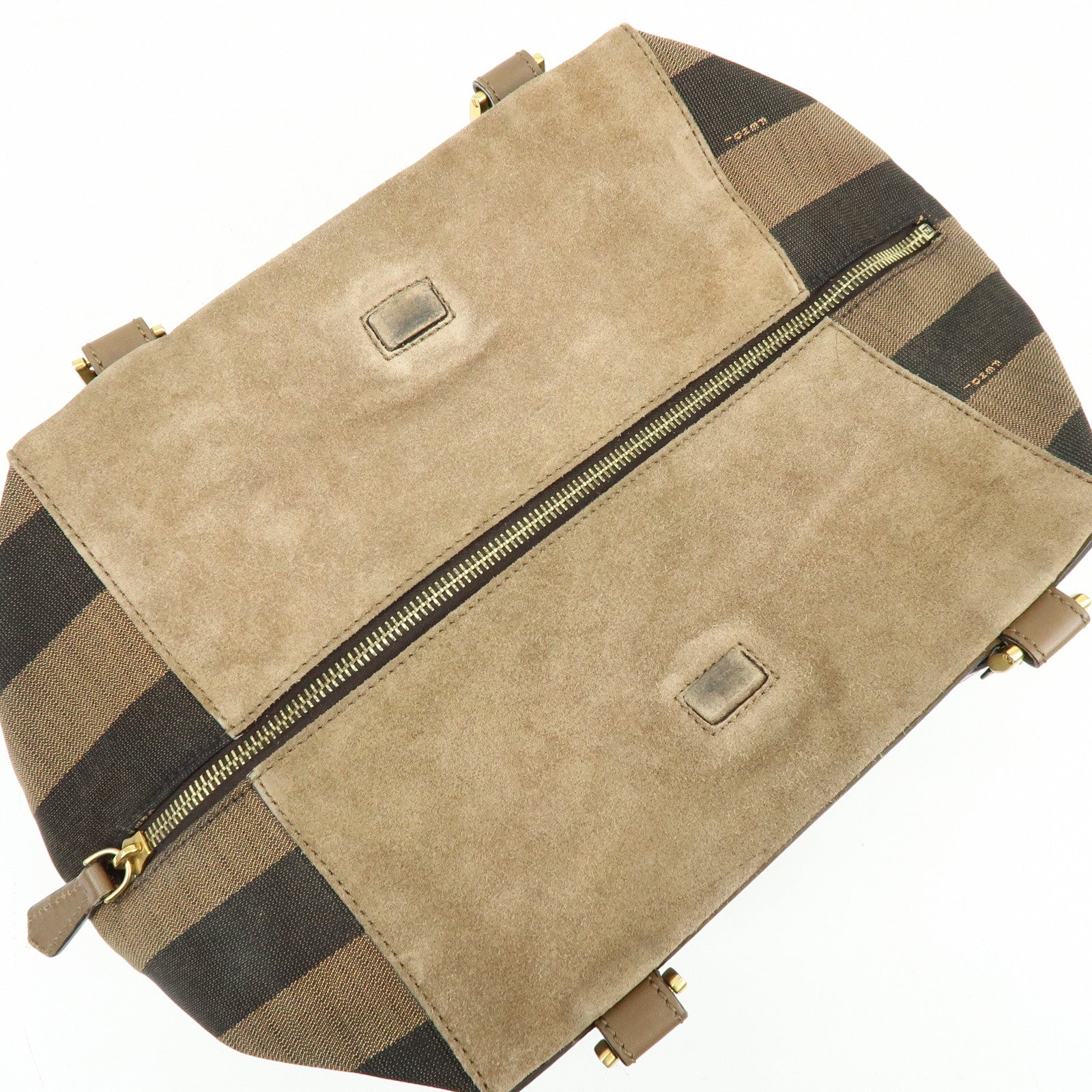FENDI Pequin Leather Canvas Suede Tote Bag Hand Bag Brown 8BN251