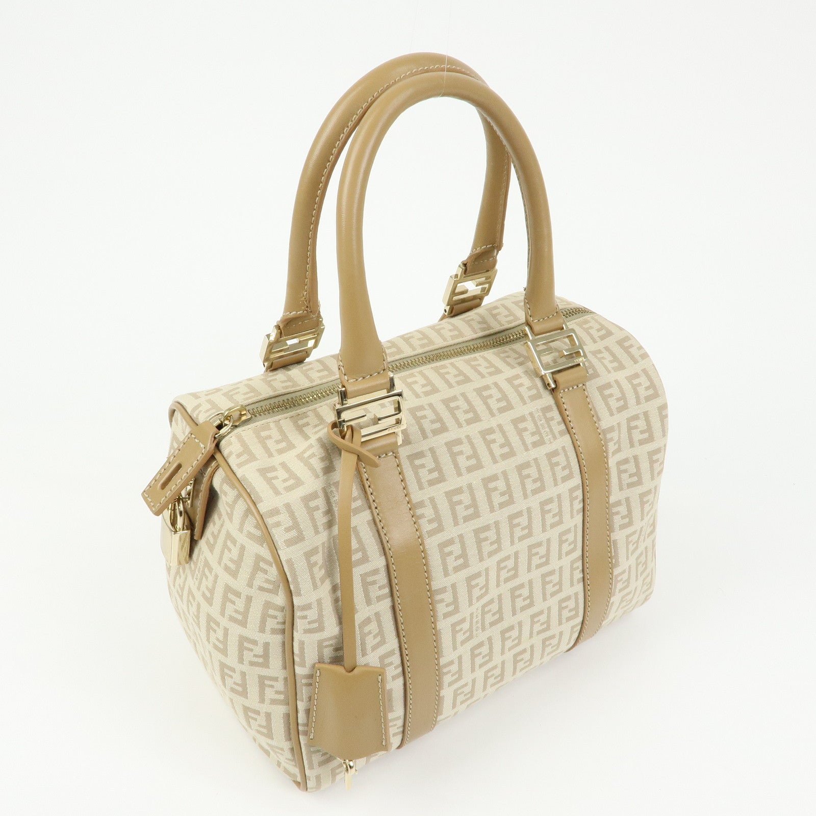 FENDI Zucchino Canvas Leather Boston Bag Hand Bag Beige 8BL068