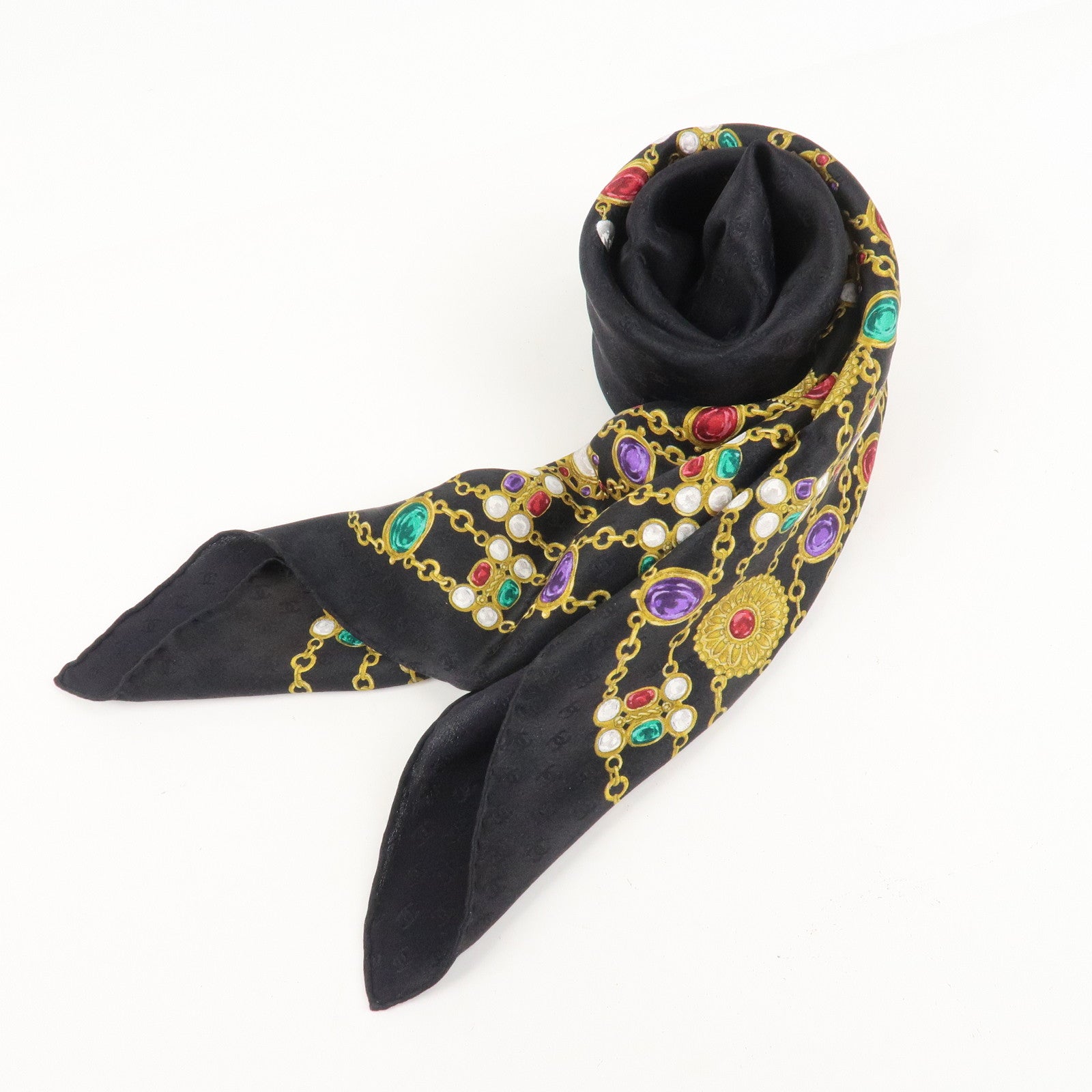 CHANEL COCO Mark Silk 100 % Jewelry Pattern Scarf Black Multi Color Used