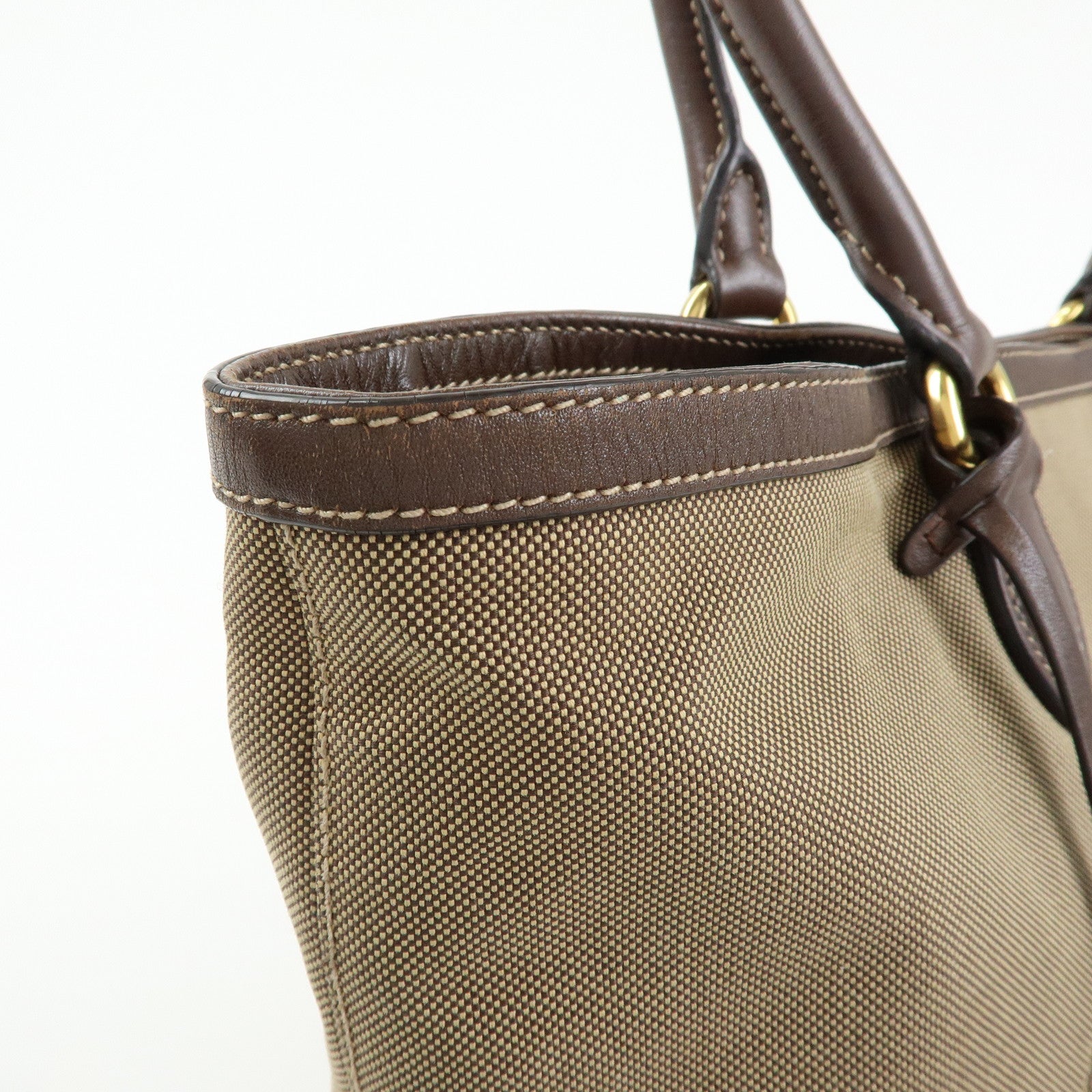 PRADA Triangle Logo Jacquard Leather Tote Shoulder Bag Beige Brown