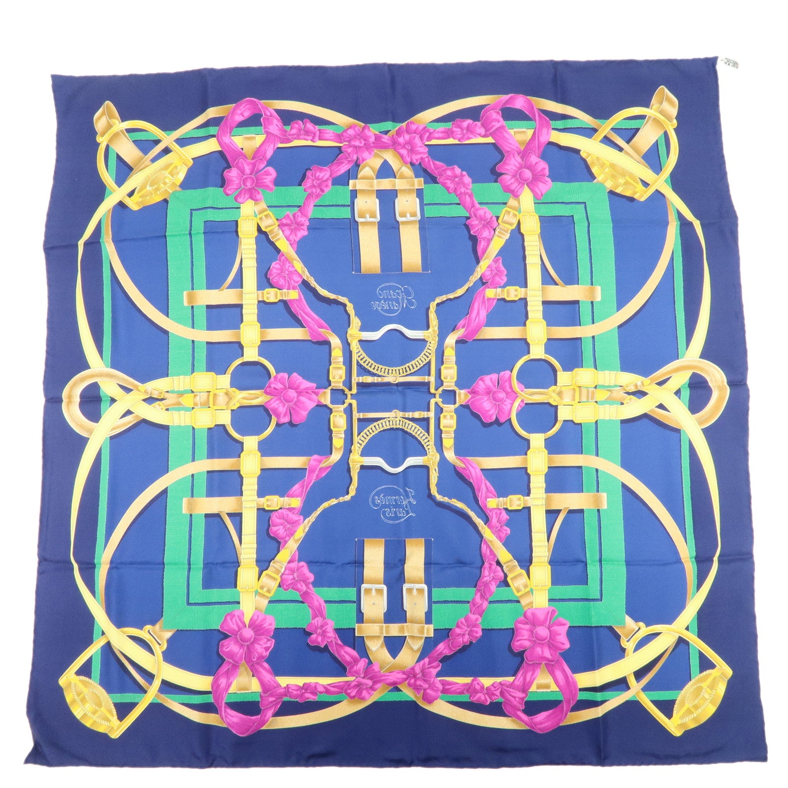HERMES Carre 90 Silk 100% Grand Manege Scarf Navy Gold