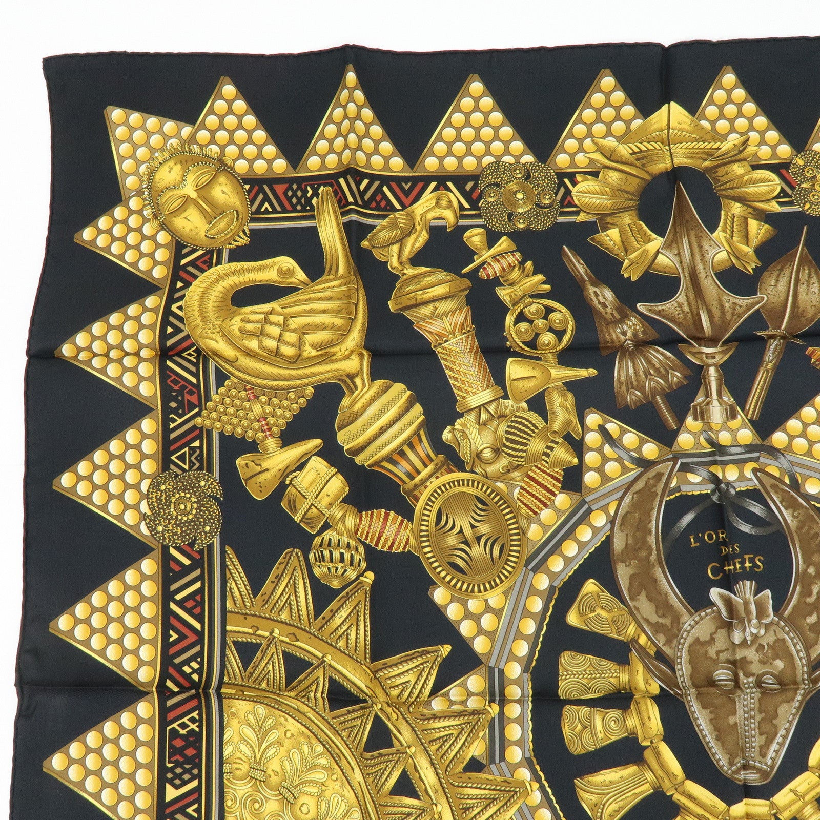 HERMES Carre 90 Silk 100% Scarf L'OR DES CHEFS Black Gold