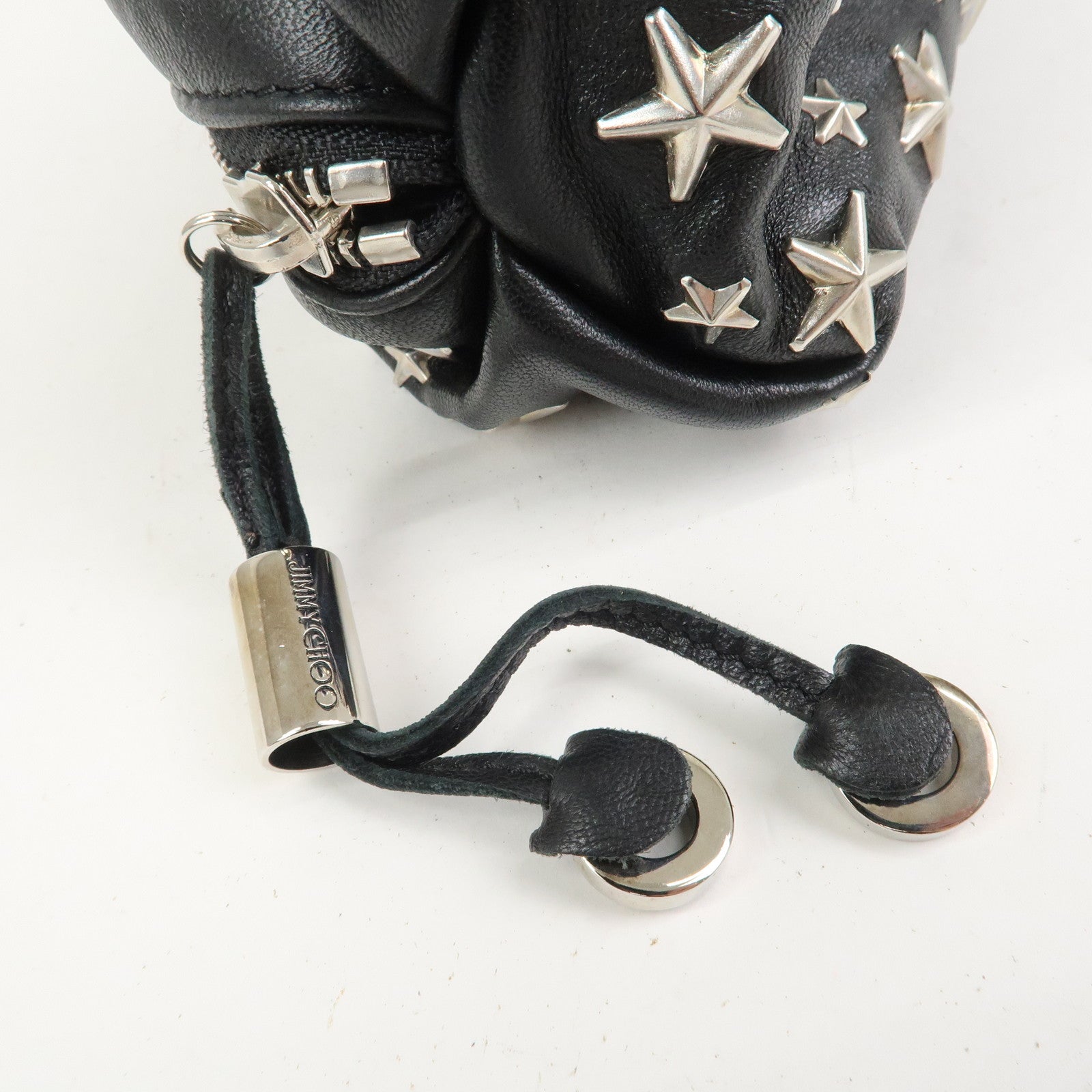 JIMMY CHOO Leather Star Studs Pouch Cosmetic Pouch Makeup Bag Black