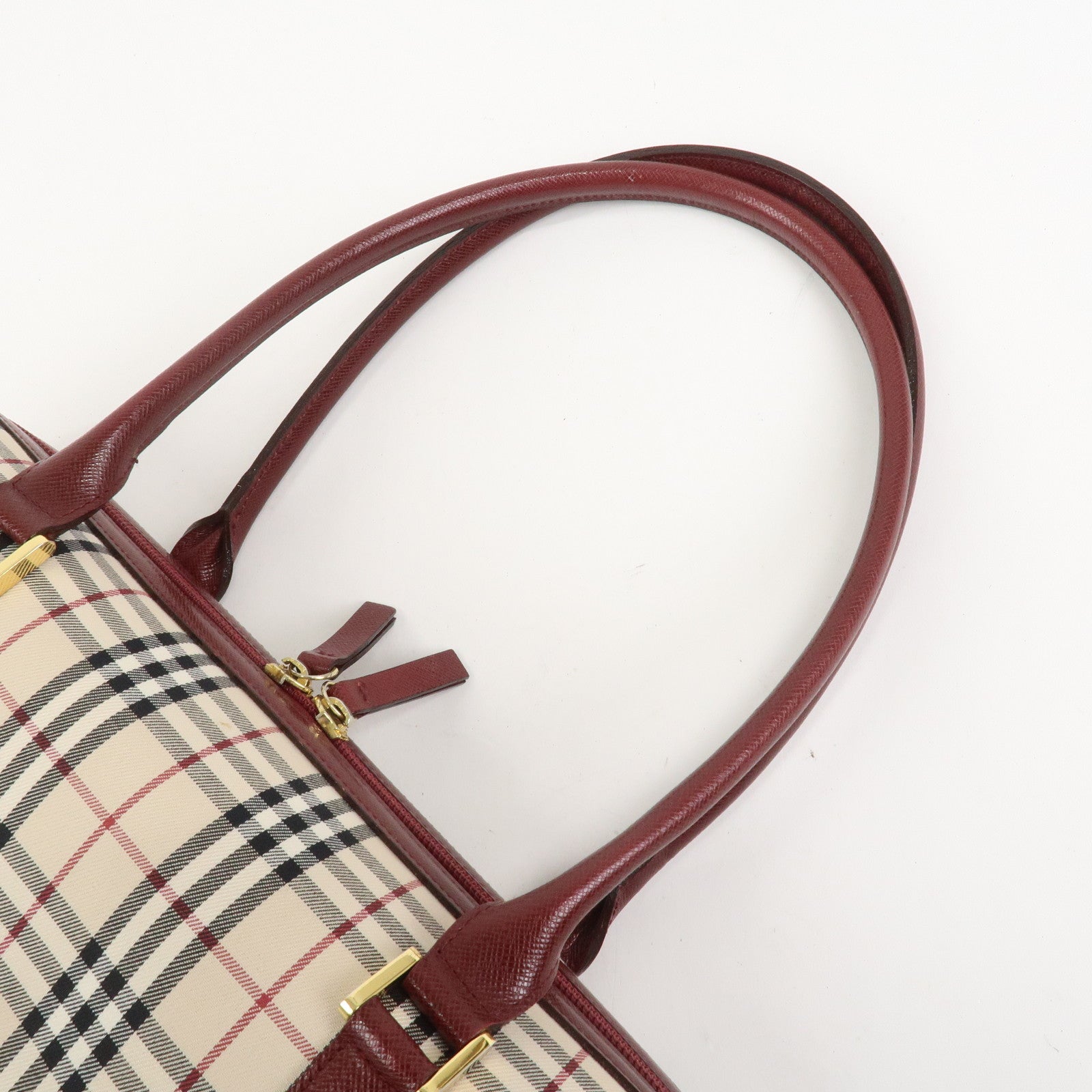 BURBERRY Nova Plaid Canvas Leather Shoulder Hand Bag Beige Bordeaux