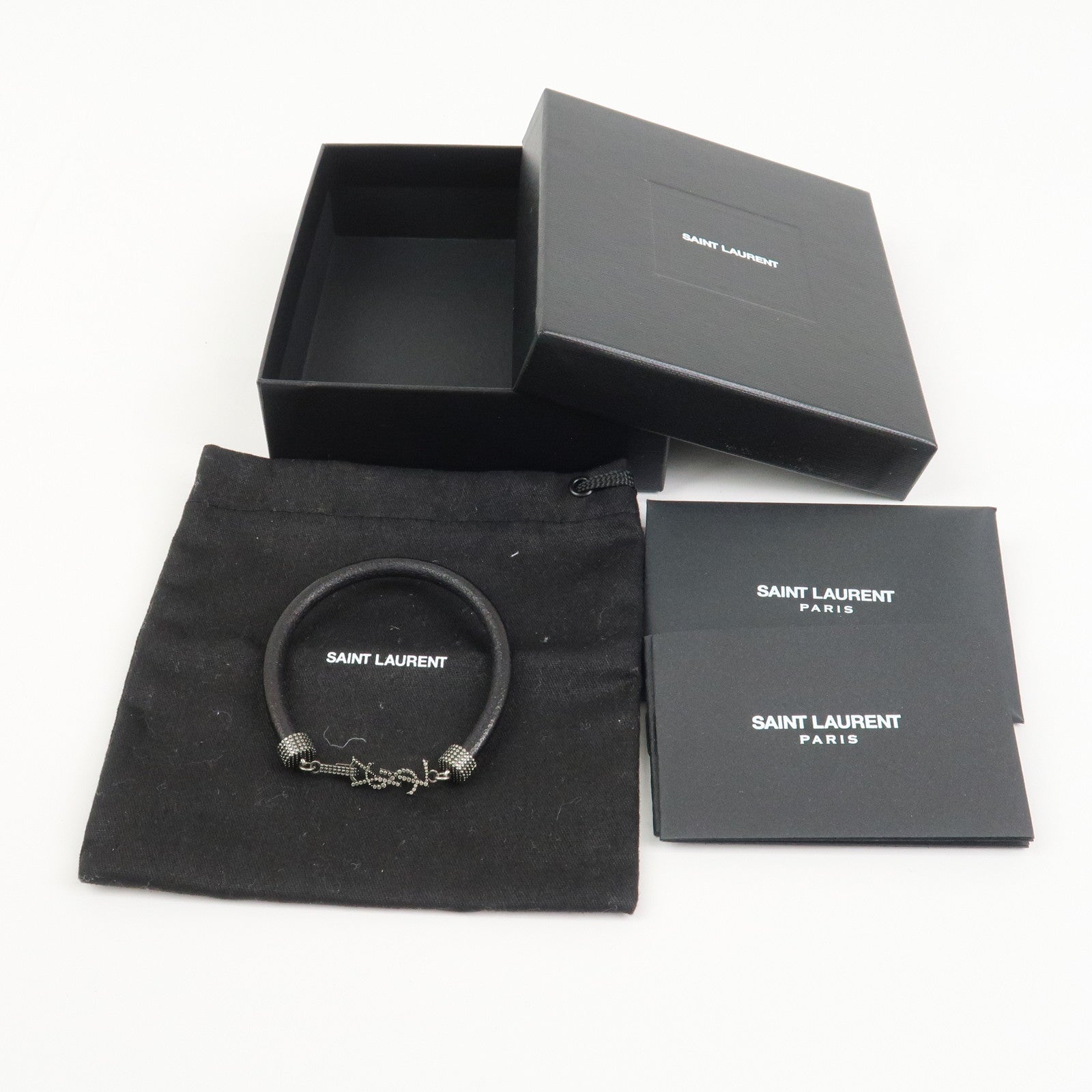 SAINT LAURENT Cassandre Logo Leather Metal Bracelet Black