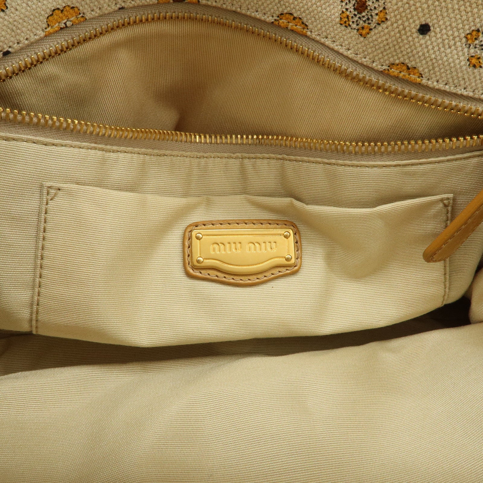MIU MIU Canvas Leather Tote Bag Hand Bag Flower Motif Beige