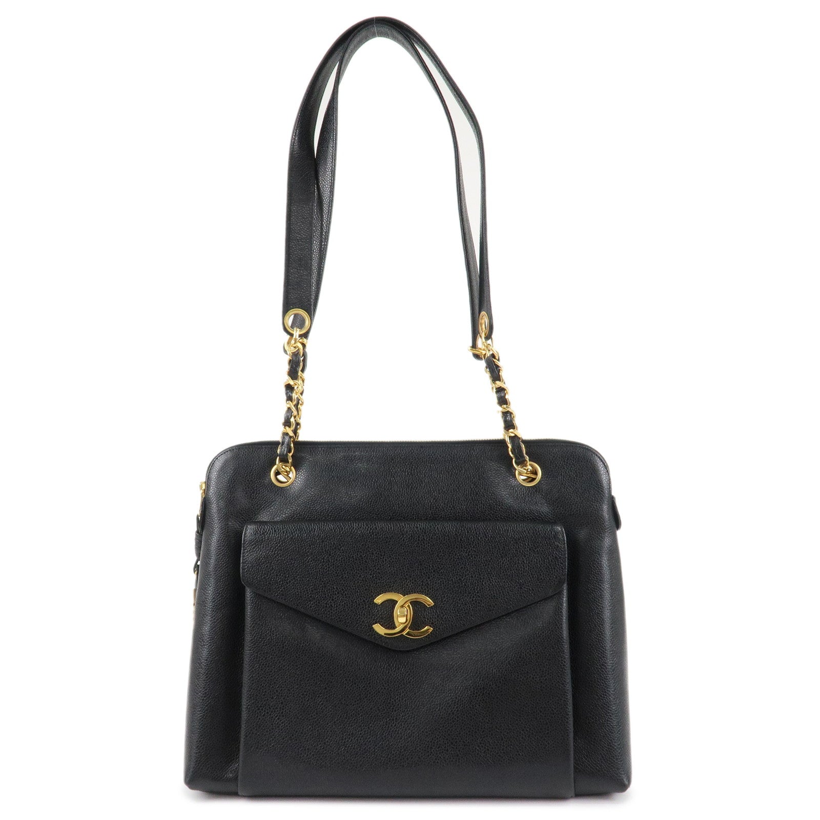 CHANEL Caviarskin COCO Mark Turnlock Chain Shoulder Bag Black Gold HDW Used