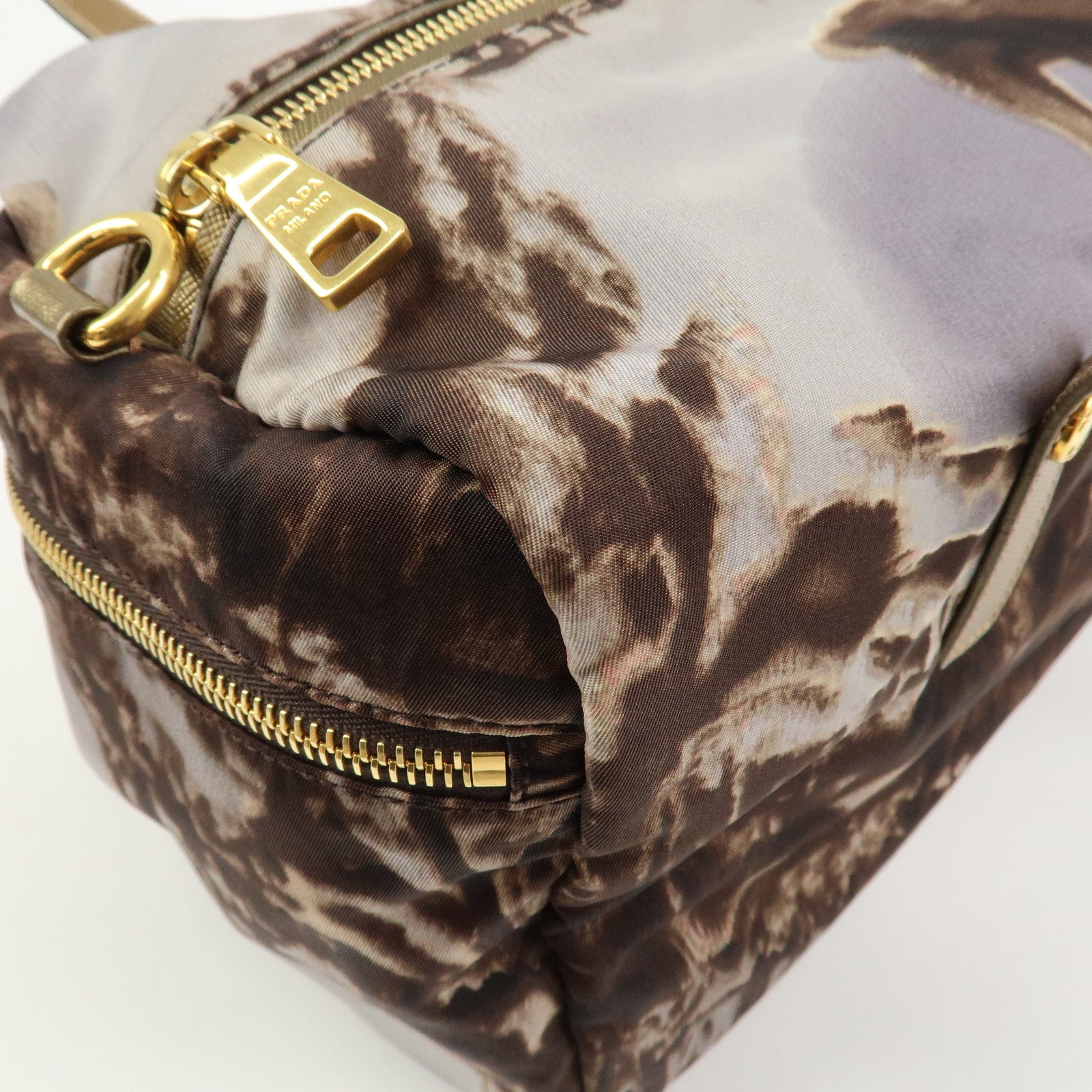 PRADA Logo Nylon Leather Boston Bag Shoulder Bag Gray Gold BL0567