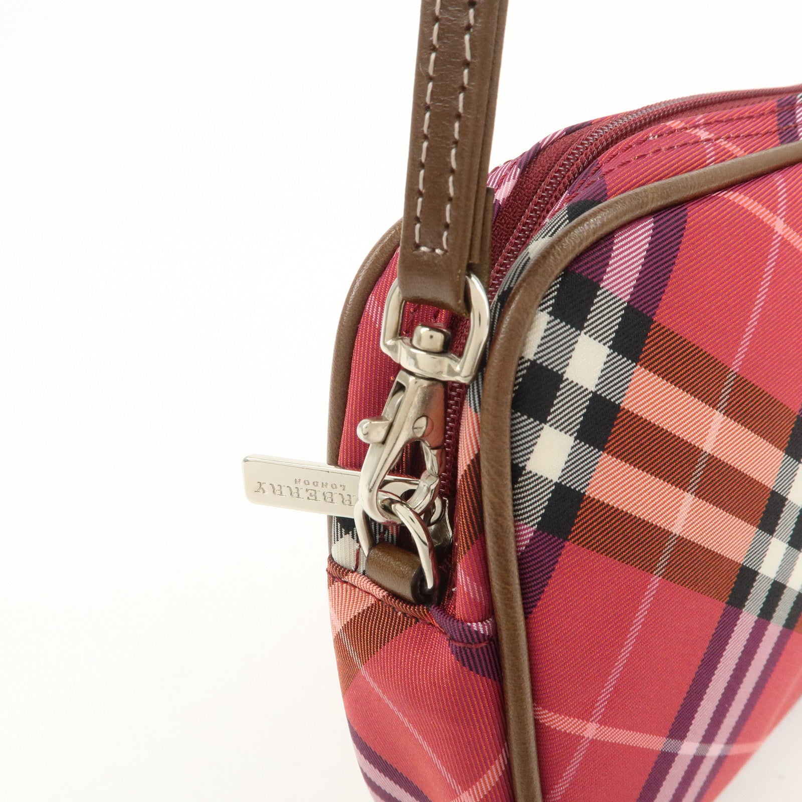 BURBERRY Cotton Leather Hand Bag Shoulder Bag Red Plaid Pattern