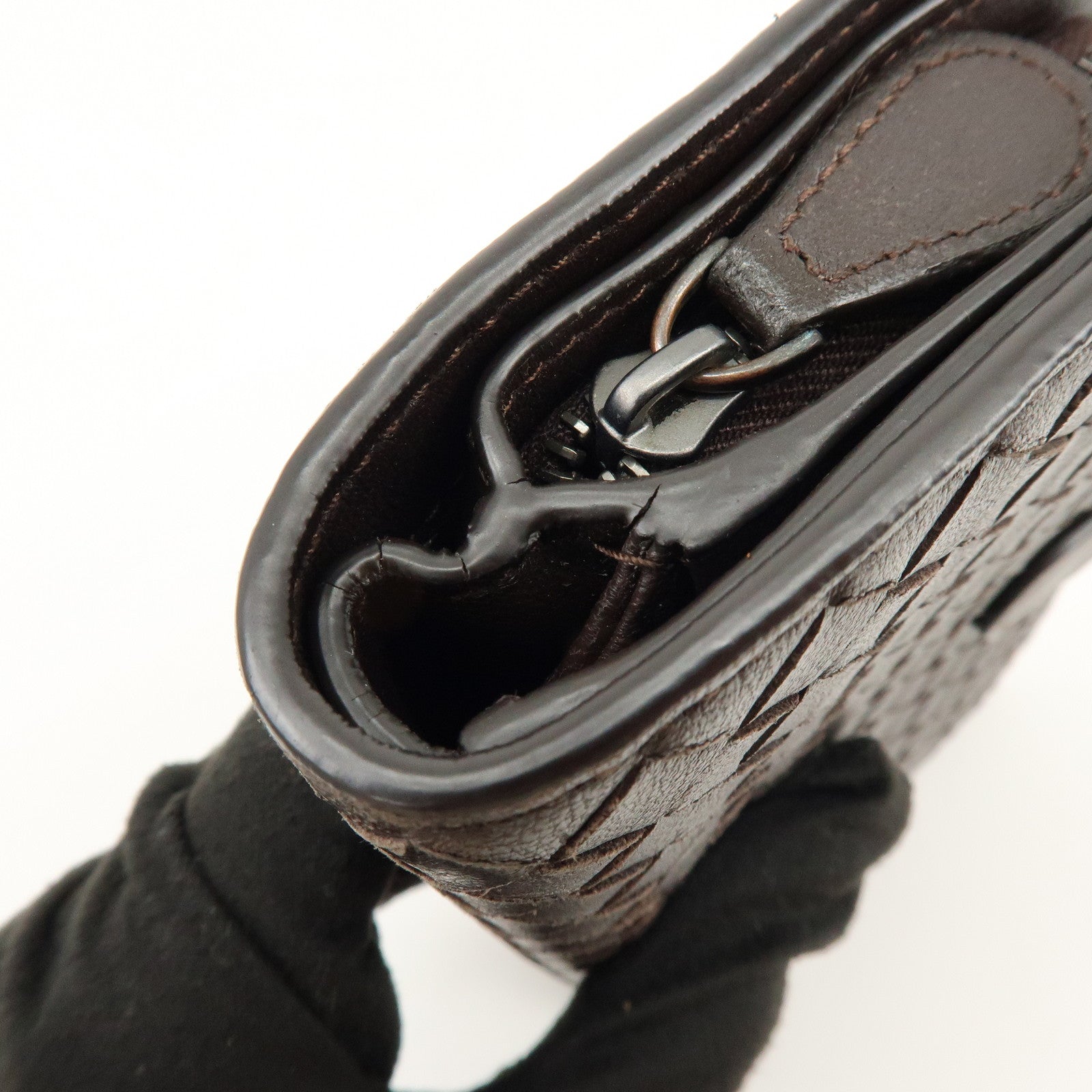 BOTTEGA VENETA Intrecciato Leather Bi-fold Long Wallet Dark Brown