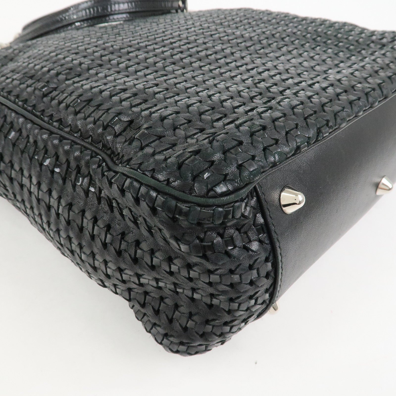 Christian Dior Woven Leather Logo Charm Chain Tote Bag Black