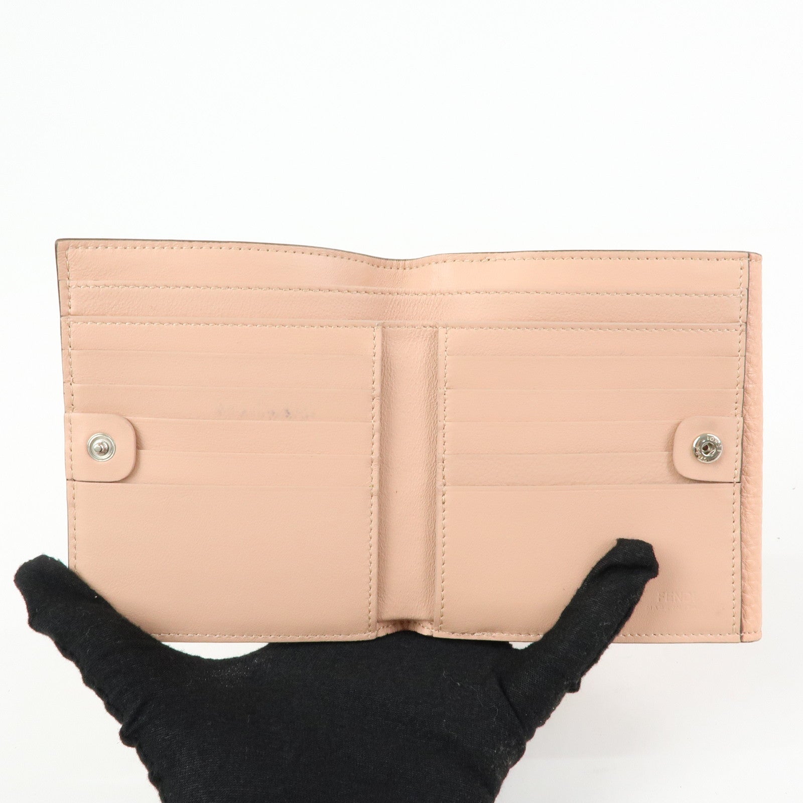 FENDI Selleria Leather Tri-fold Compact Wallet Pink Beige 8M0438