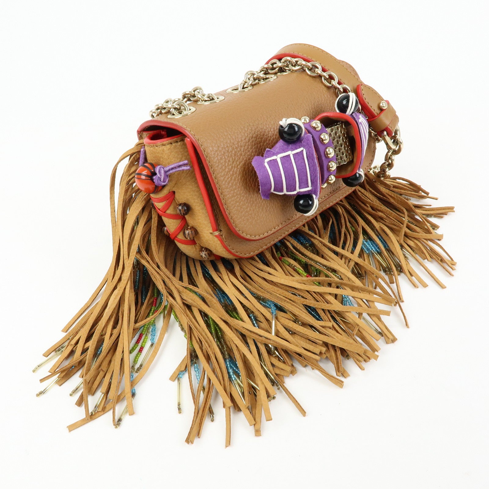 Christian Louboutin Leather Beaded Fringe Shoulder Bag Brown
