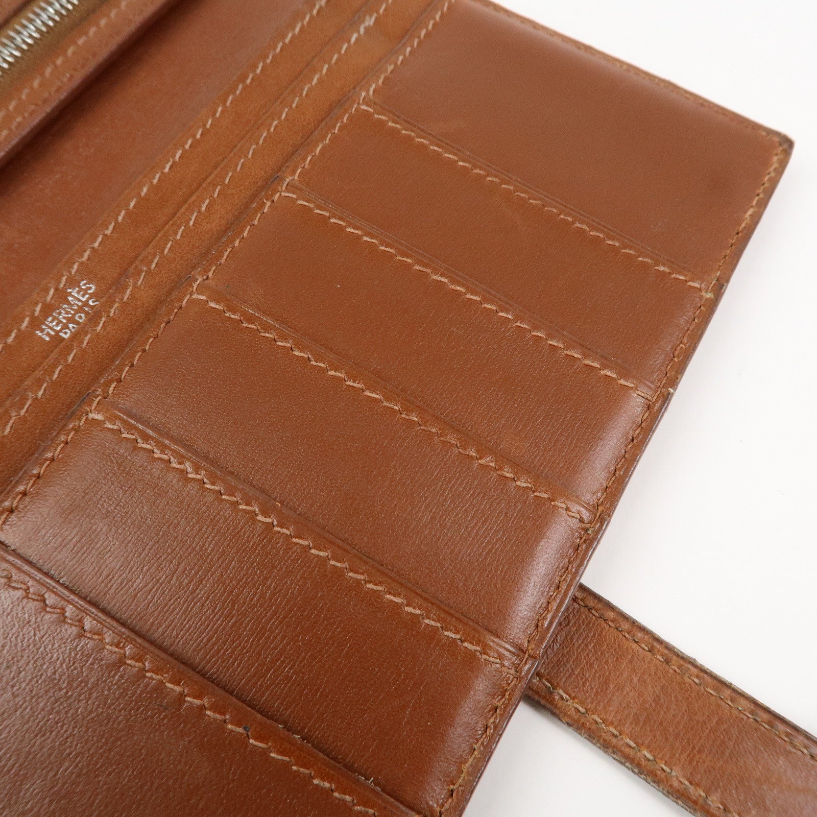 HERMES Bearn Leather Bi-fold Long Wallet F Stamped Brown