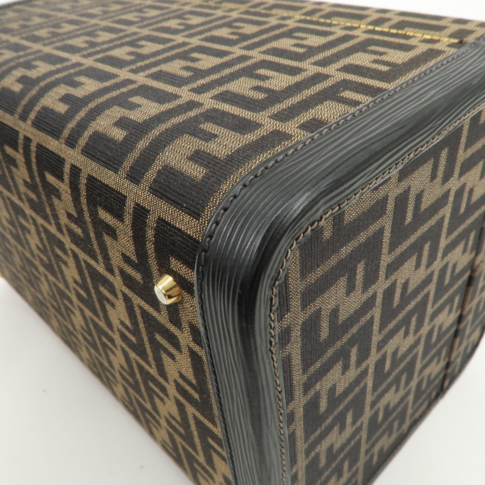FENDI Zucca Canvas Leather Vanity Bag Makeup Box Brown Black