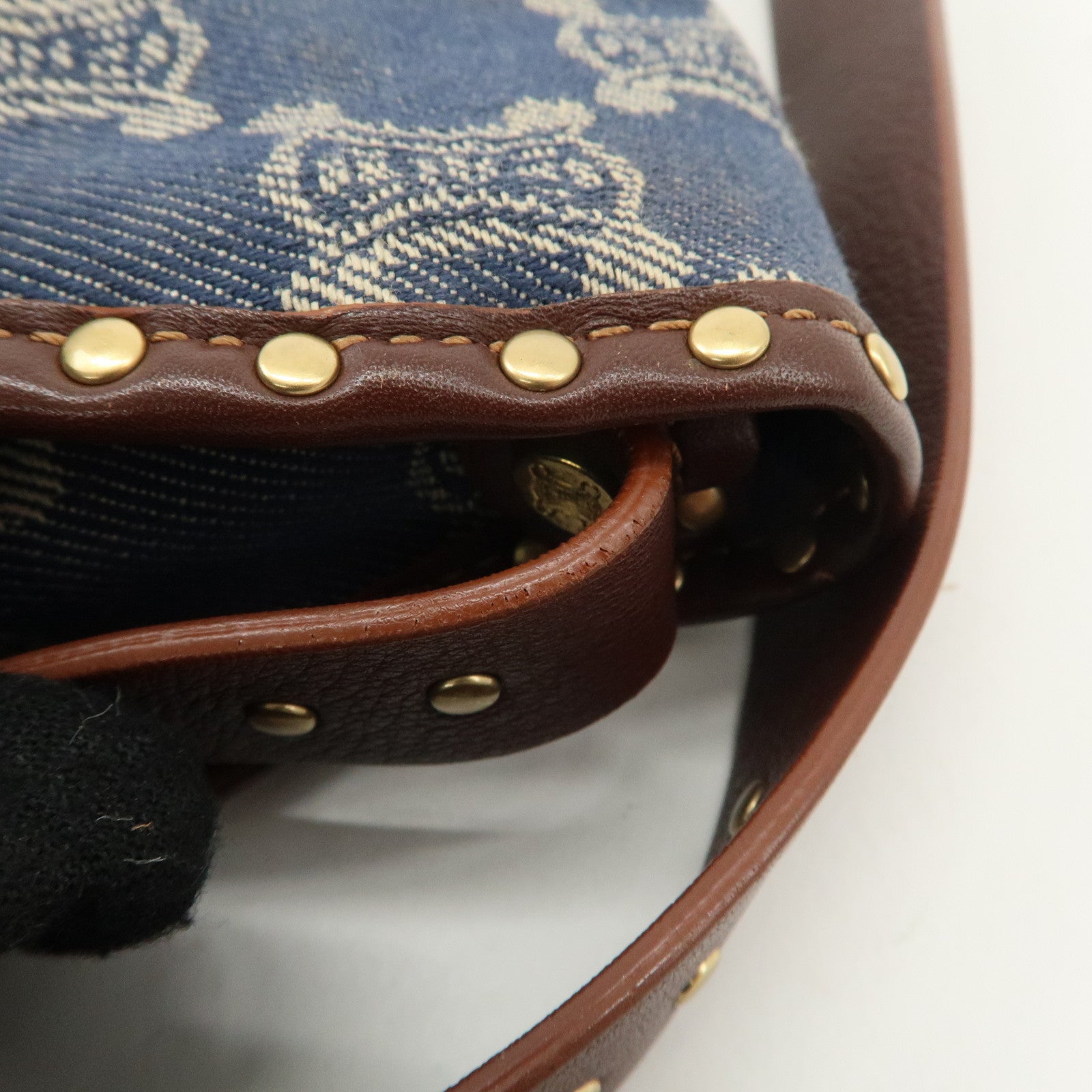 CELINE Macadam Studs Denim Leather Shoulder Bag Dark Brown Navy Used