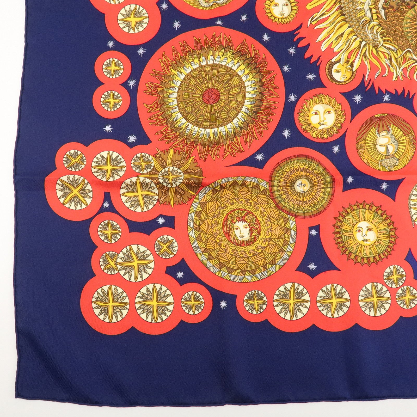 HERMES Pleats Carre Silk 100% Scarf Le Roy Soleil Navy Red Used