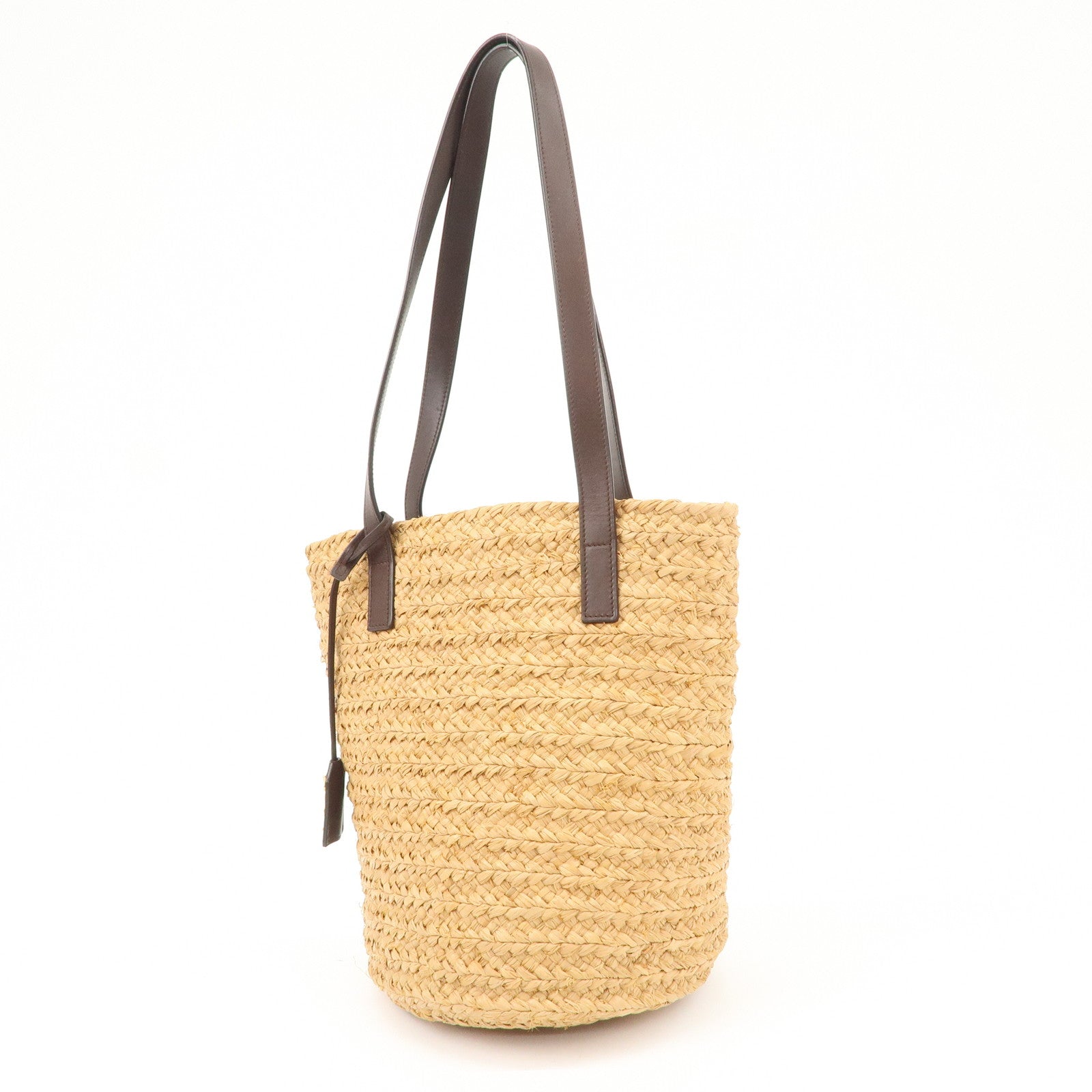 SAINT LAURENT Leather Raffia Tote Bag Shoulder Bag Beige Dark Brown Used