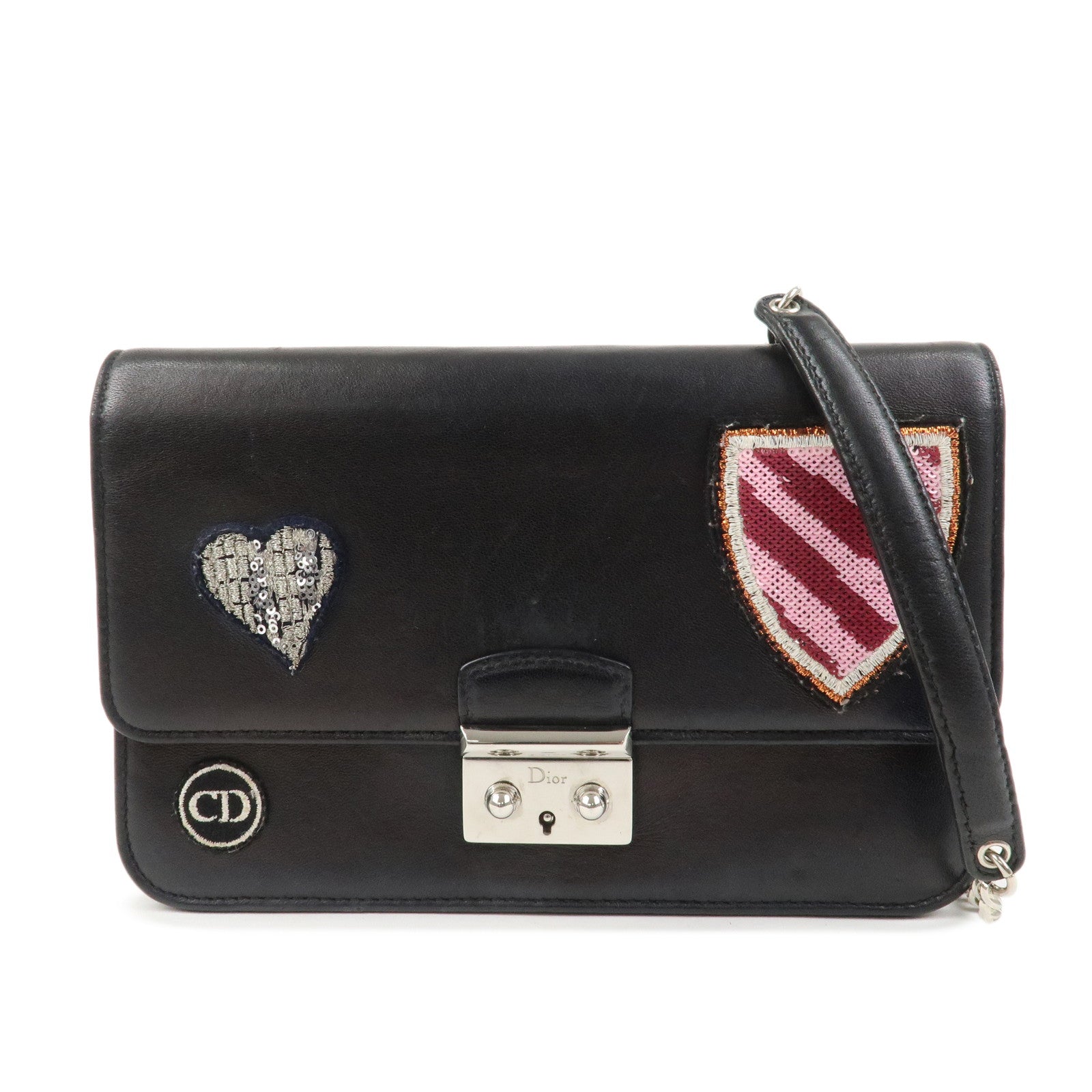 Christian Dior Leather Chain Shoulder Bag Heart Embroidery Black