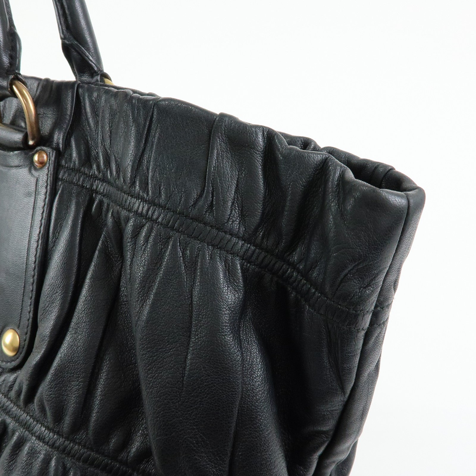 PRADA Logo Leather Gathered Tote Bag Hand Bag Black