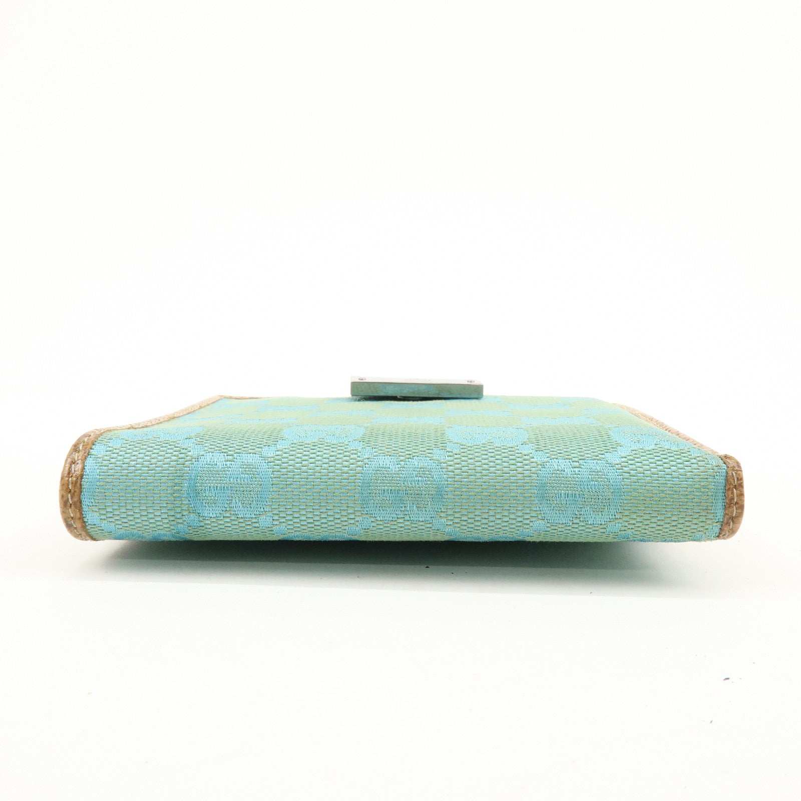 GUCCI GG Canvas Leather Compact Wallet Light Blue Brown 115090