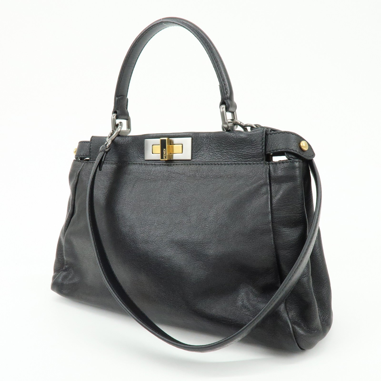 FENDI Peekaboo Leather 2Way Bag Hand Bag Shoulder Bag Black 8BN211