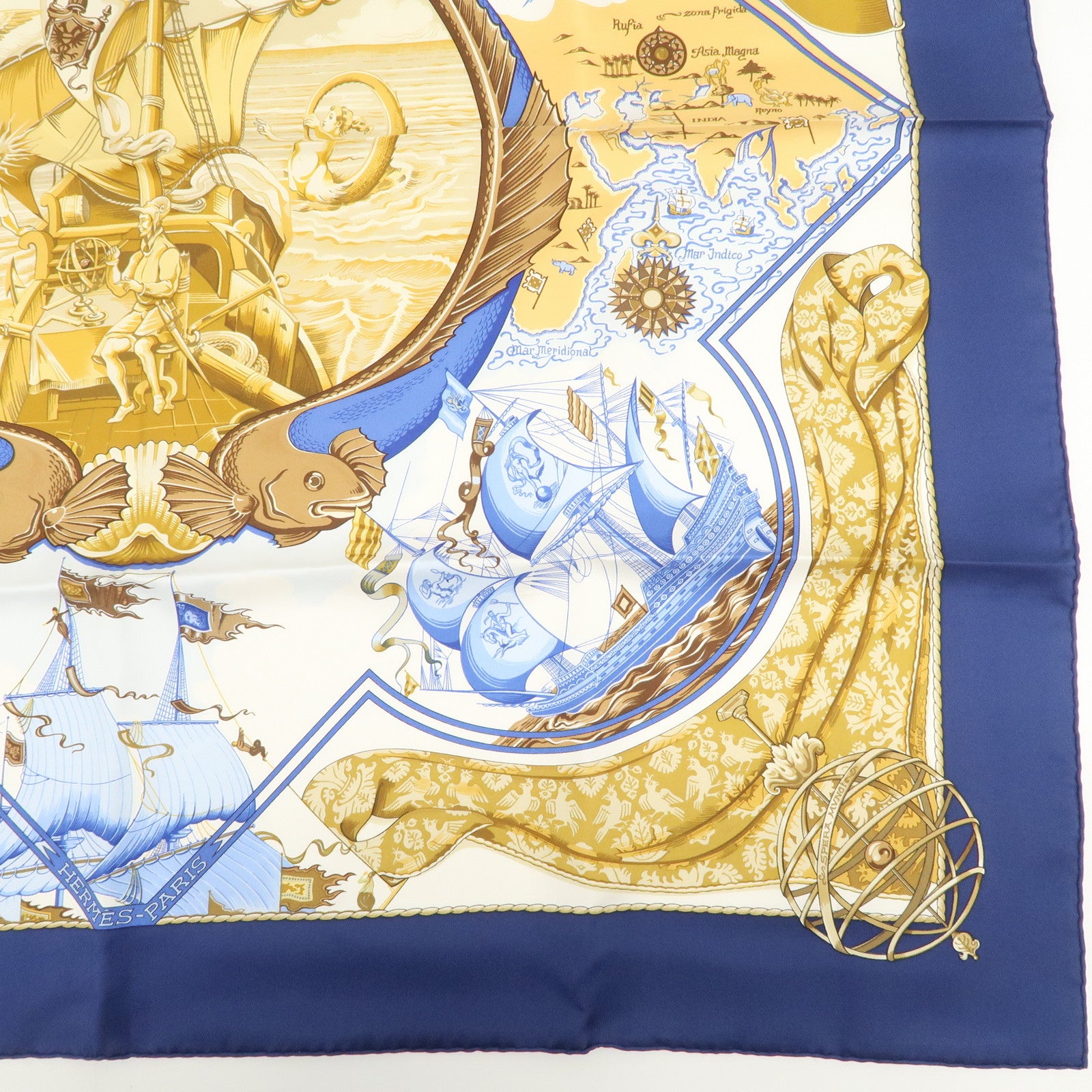 HERMES Carre 90 Silk 100% Scarf Au-dela des cinq mers Navy White