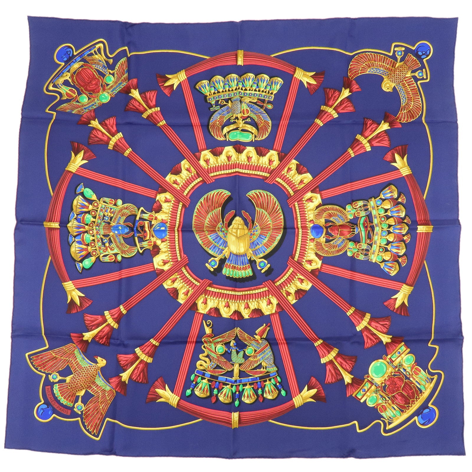 HERMES Carre 90 Silk 100% Scarf Caty Ancient Egypt Scarab Blue Red