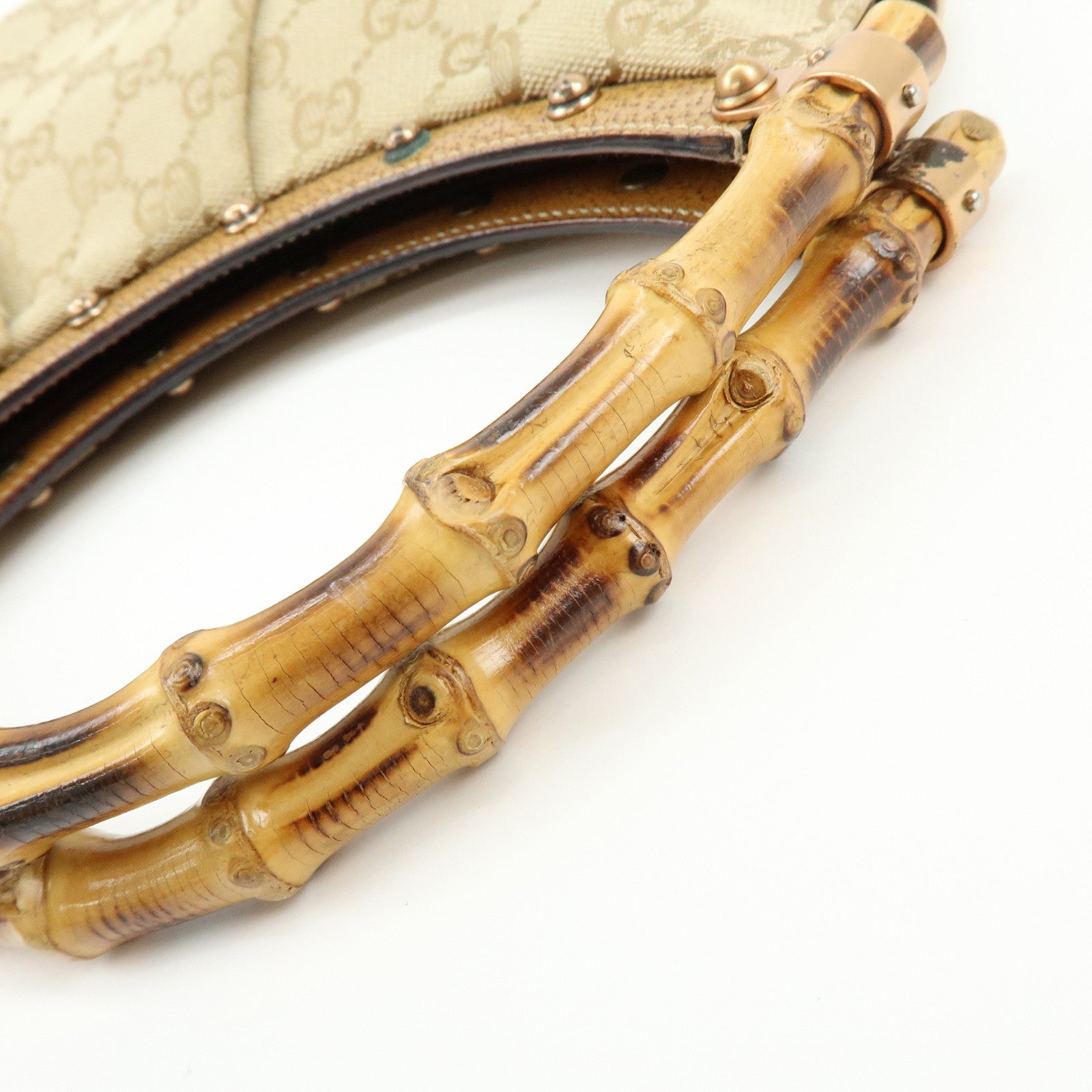 GUCCI GG Canvas Bamboo Leather Hand Bag Tote Bag Beige 124297