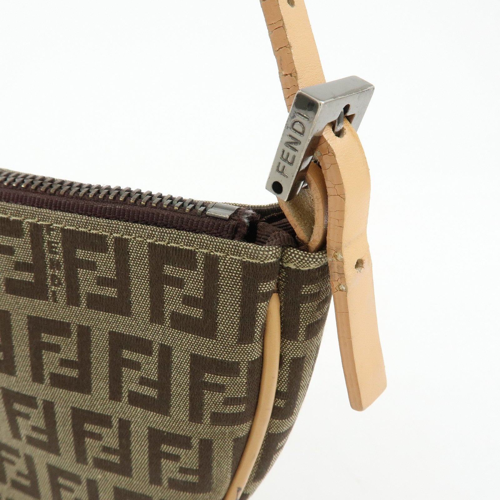 FENDI Zucchino Canvas Leather Shoulder Bag Hand Bag Beige 8BR144