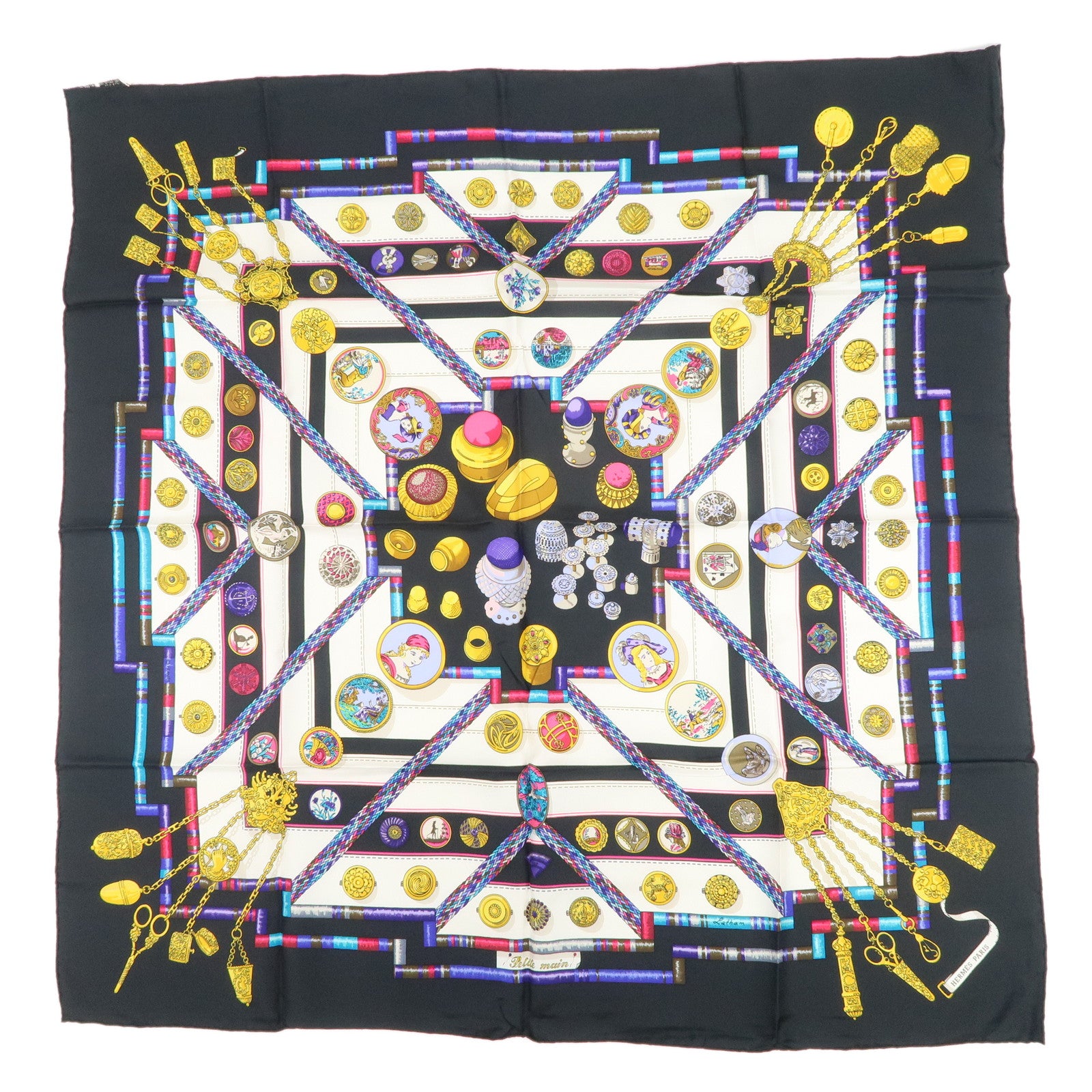 HERMES Carre 90 Silk 100% Scarf Petite main Black White Multicolor