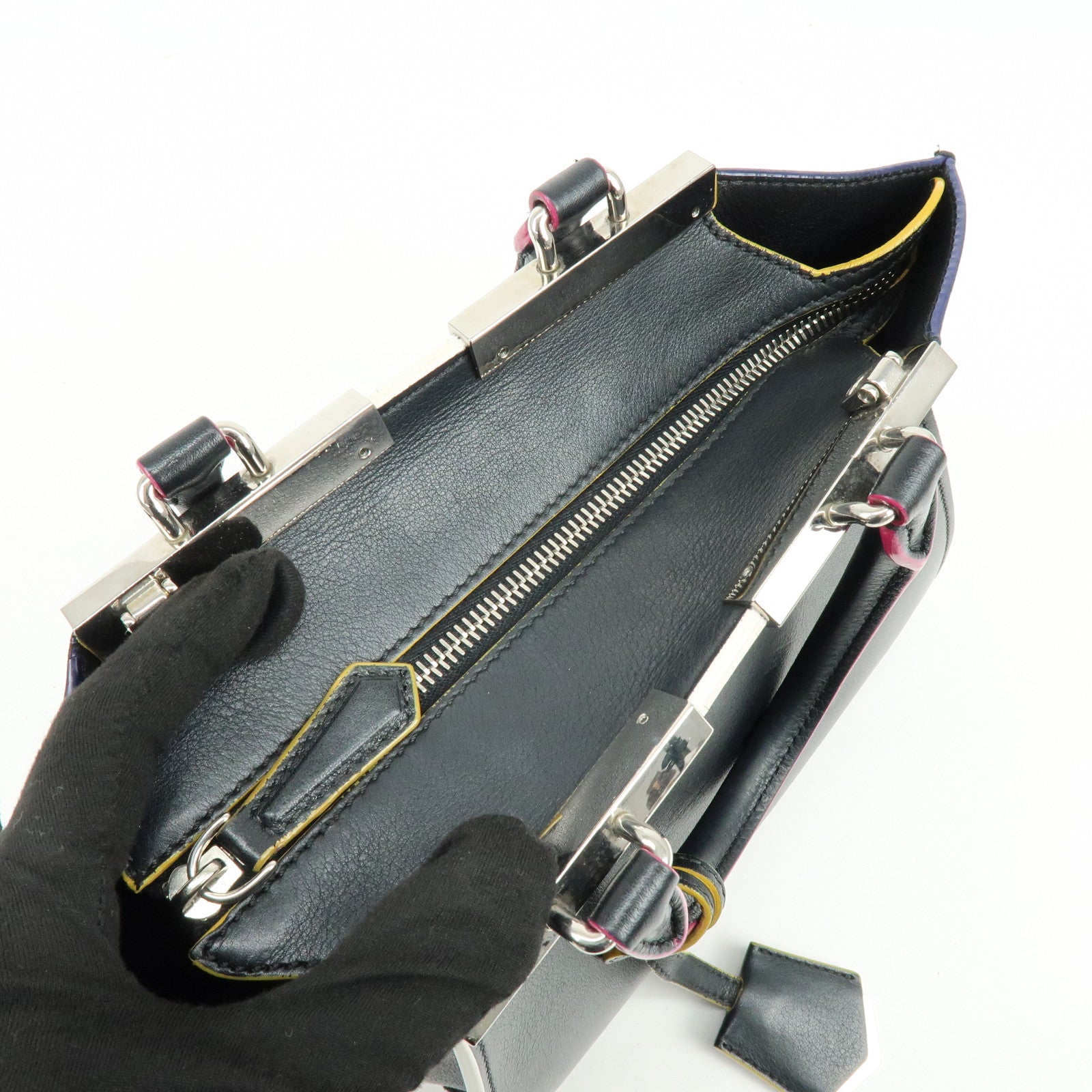 FENDI Trois Jours Leather 2Way Bag Hand Bag Shoulder Bag Black