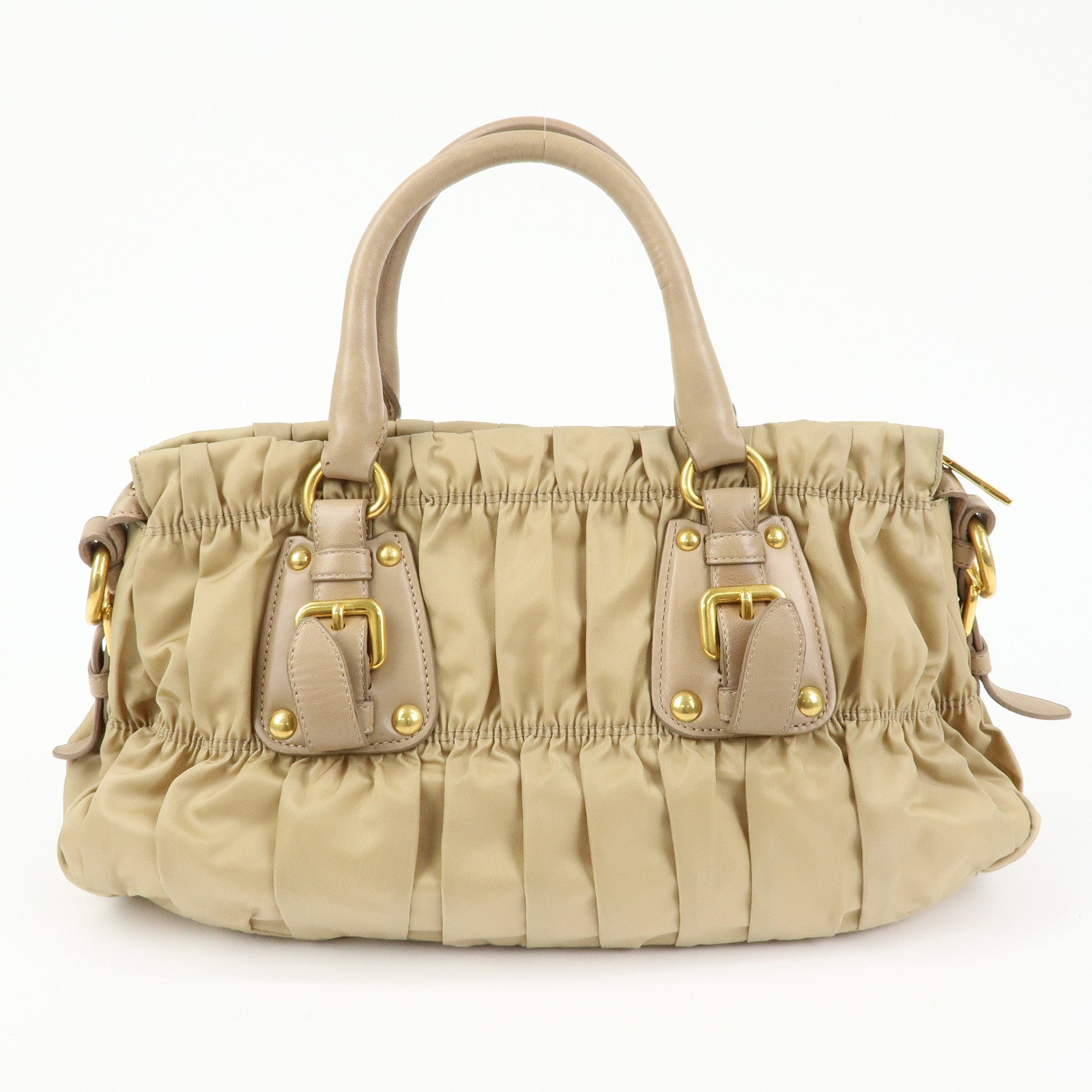 PRADA Gathered Nylon Leather 2Way Hand Shoulder Bag Beige BN1407