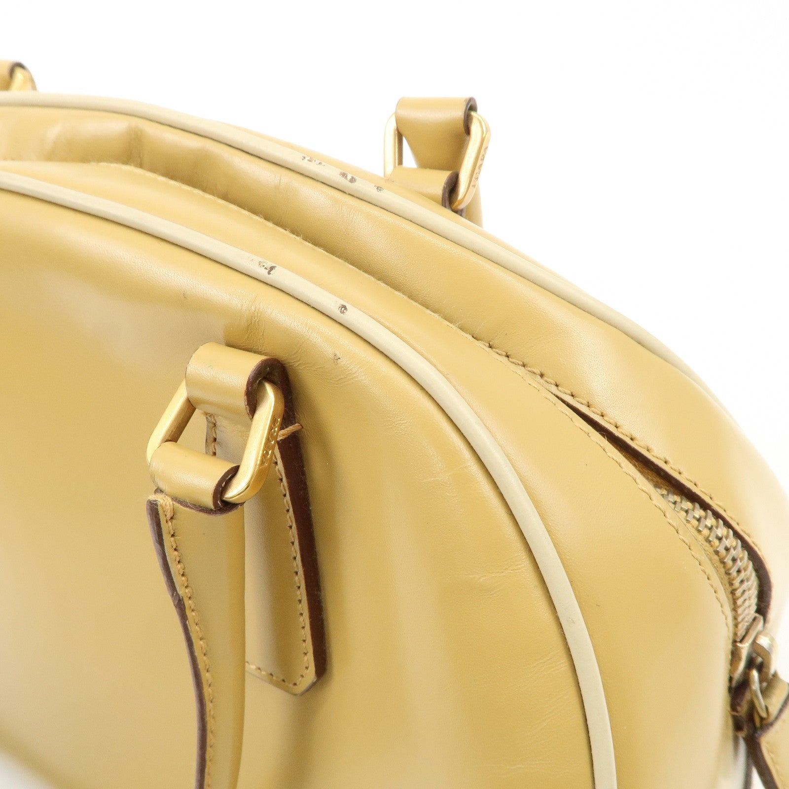 PRADA Leather Bowling Bag Boston Bag Hand Bag Gold HDW Beige