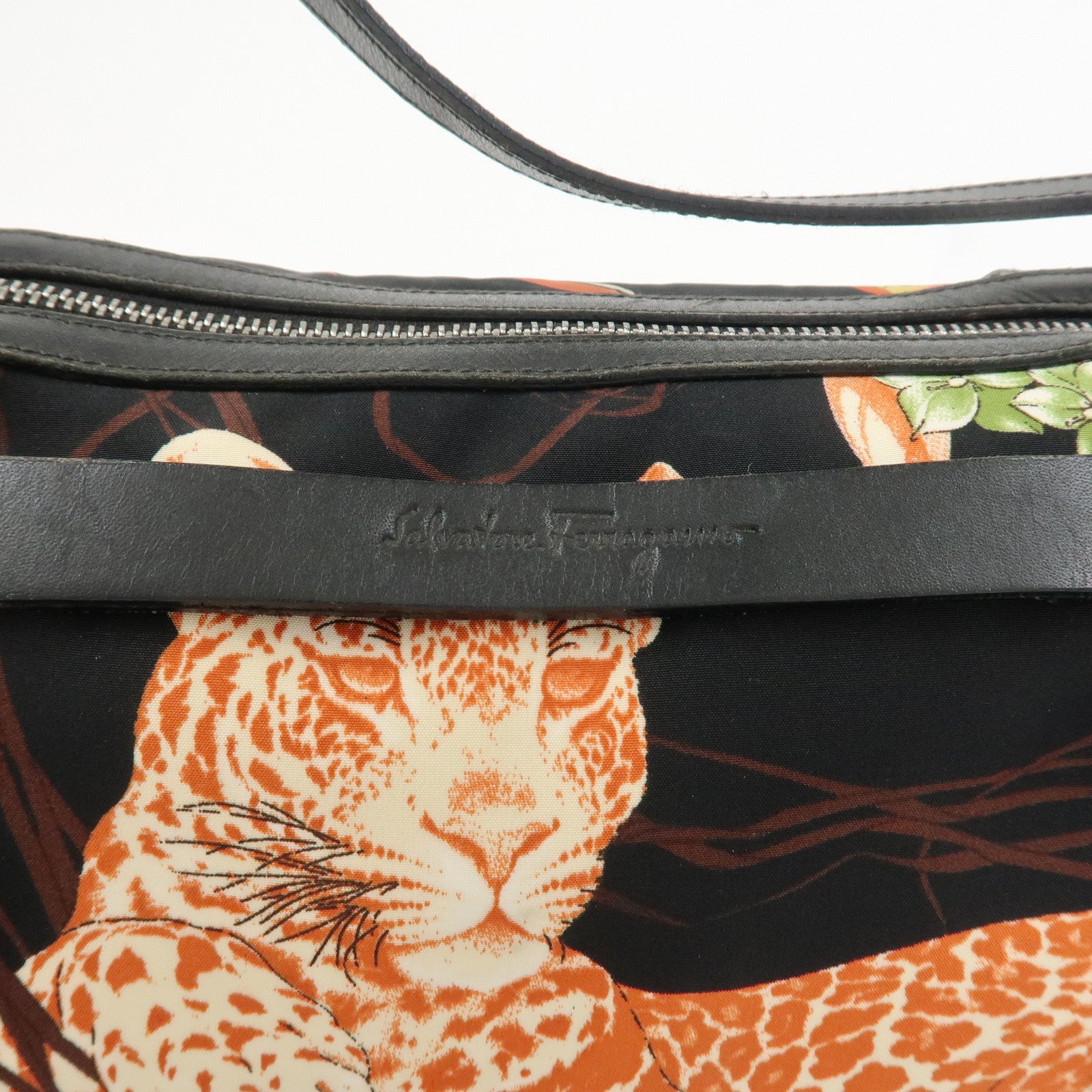 Ferragamo Nylon Leather Mini Hand Bag Shoulder Bag Animal Black