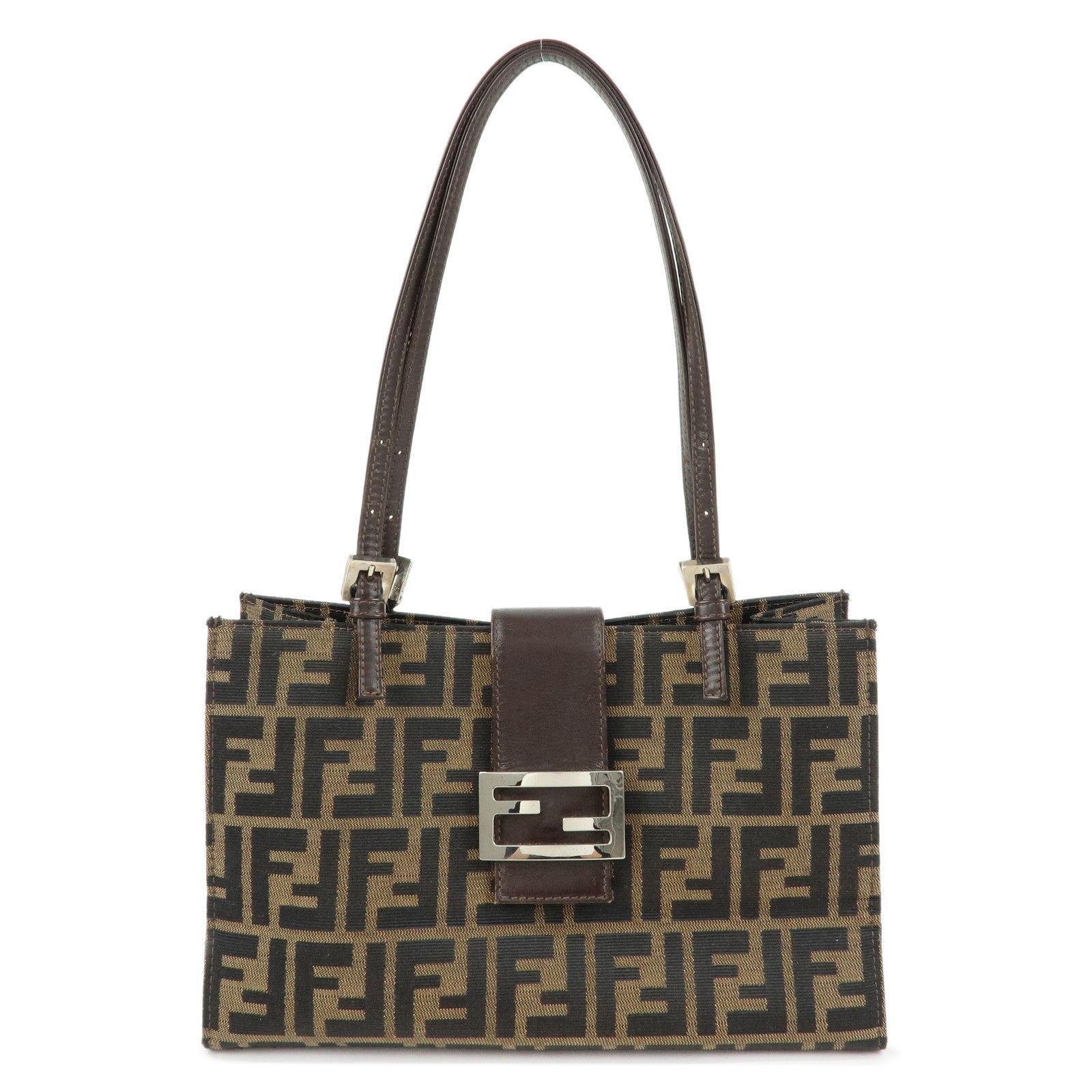 FENDI Zucca Canvas Leather Handbag Shoulder Bag Brown Black