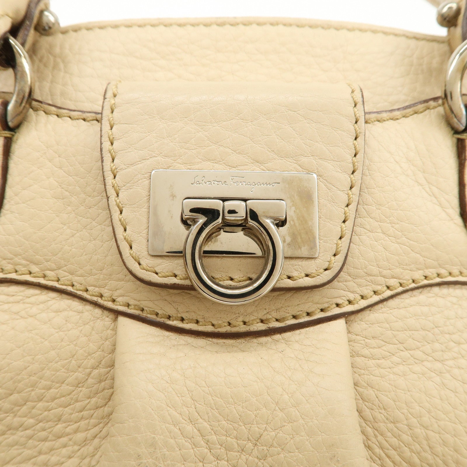 Ferragamo Gancini Leather 2Way Bag Hand Bag Shoulder Bag Beige