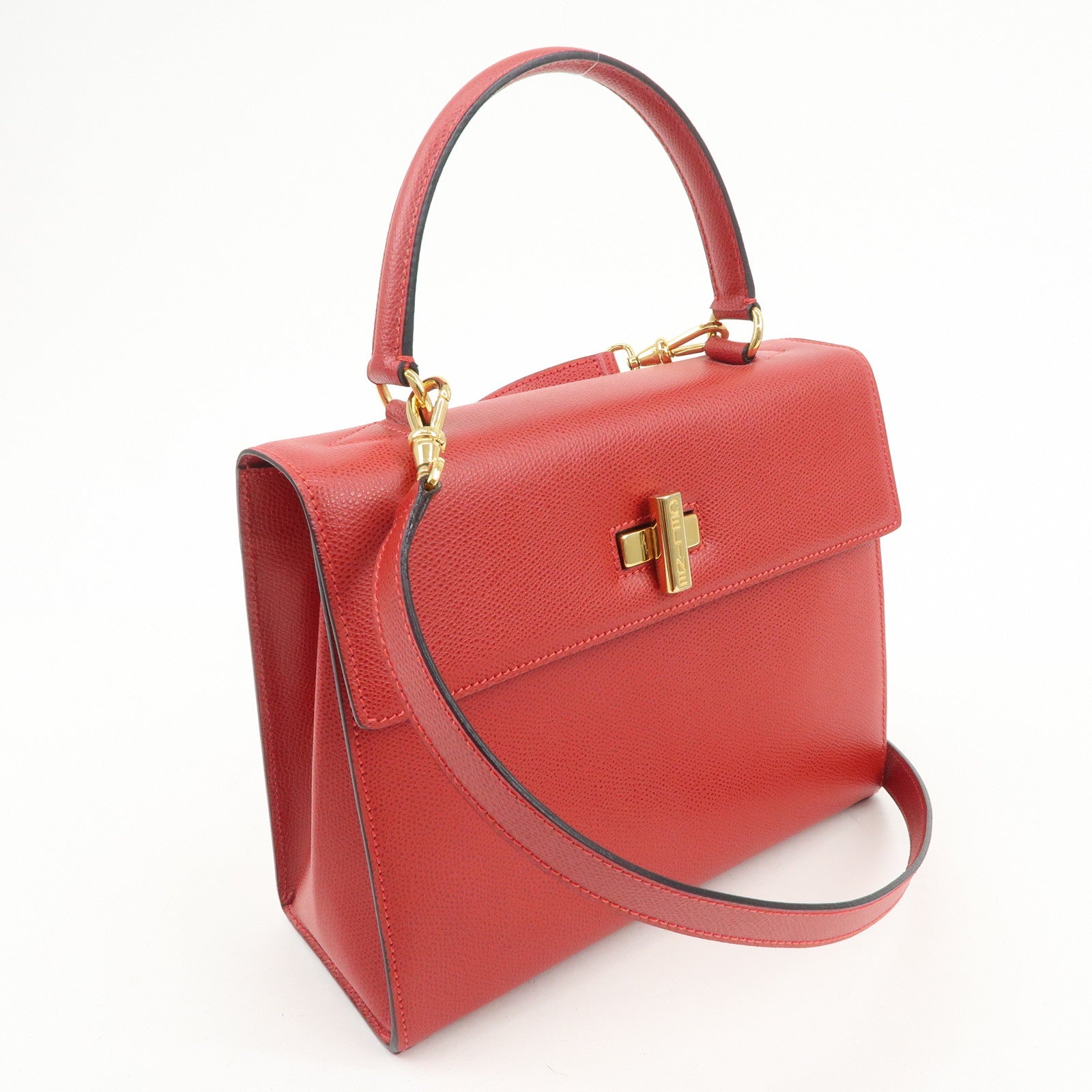 CELINE Leather Top Handle Turn Lock 2Way Hand Bag Shoulder Bag Red