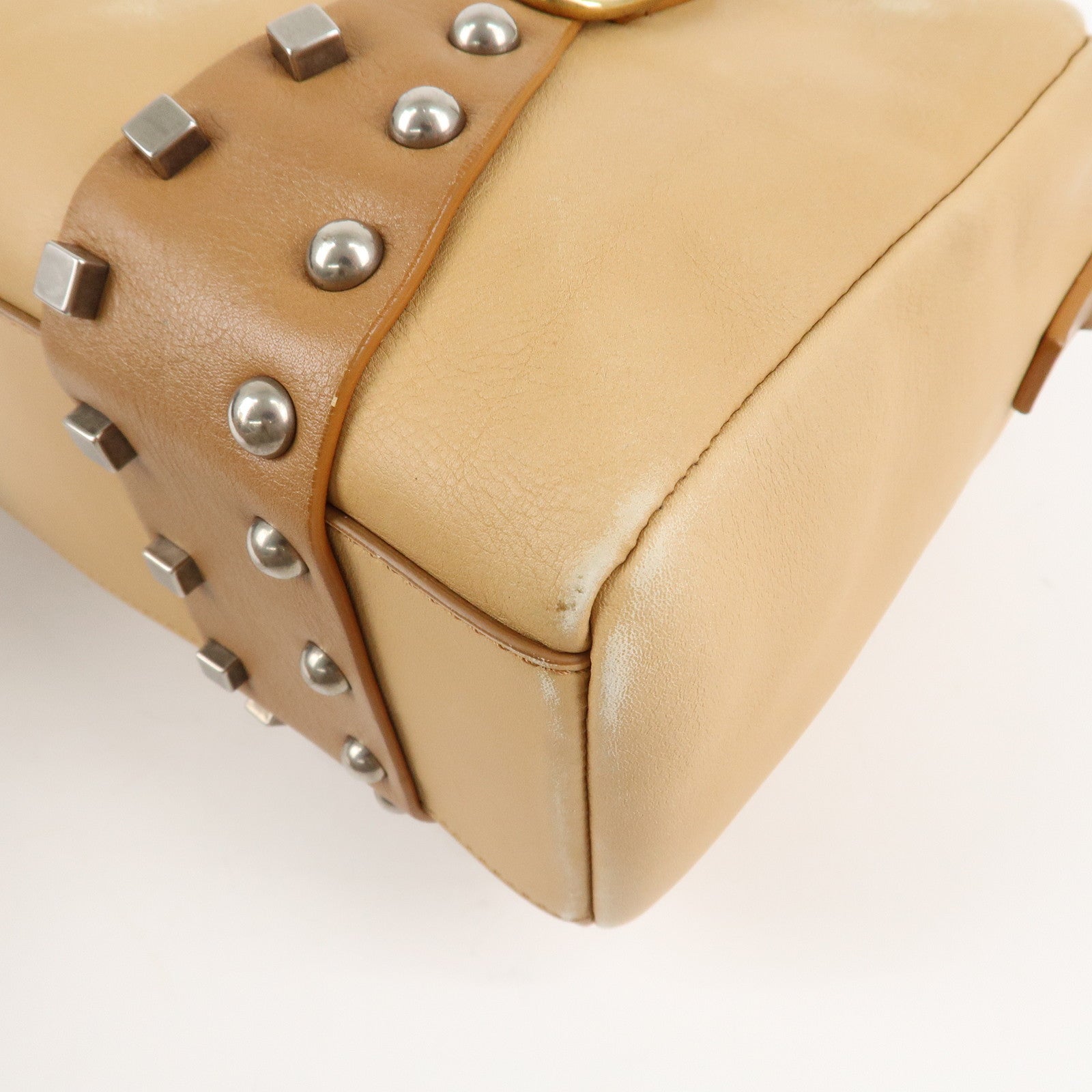 CELINE Leather 2Way Boston Bag Shoulder Bag Beige Brown Used