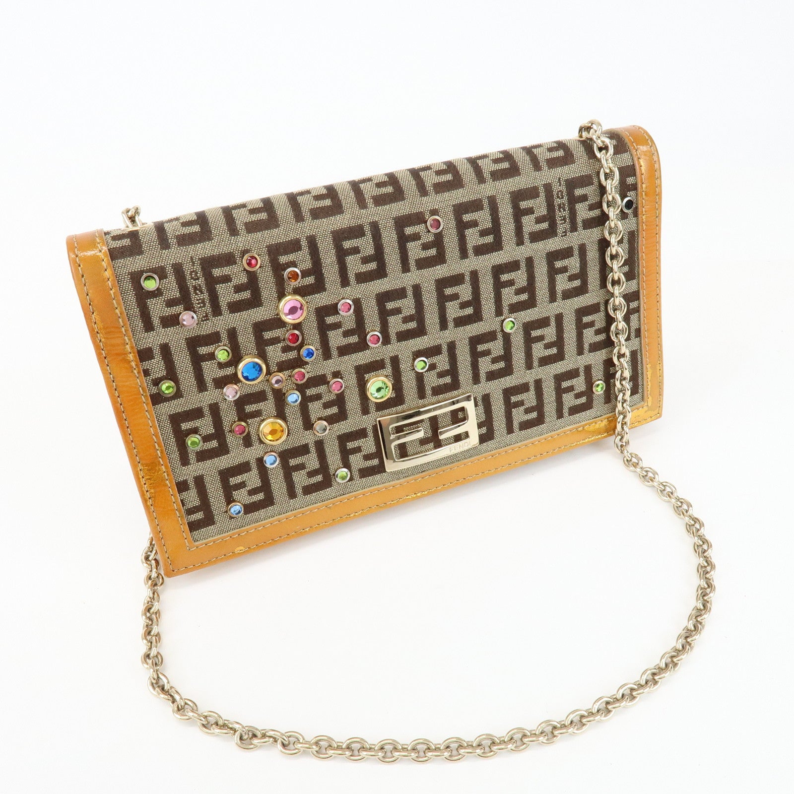 FENDI Zucchino Canvas Leather Chain Long Wallet Brown Gold 8M0219