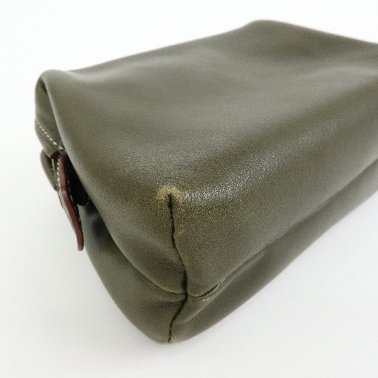 CELINE Logo Leather Accessory Pouch Cosmetic Case Khaki