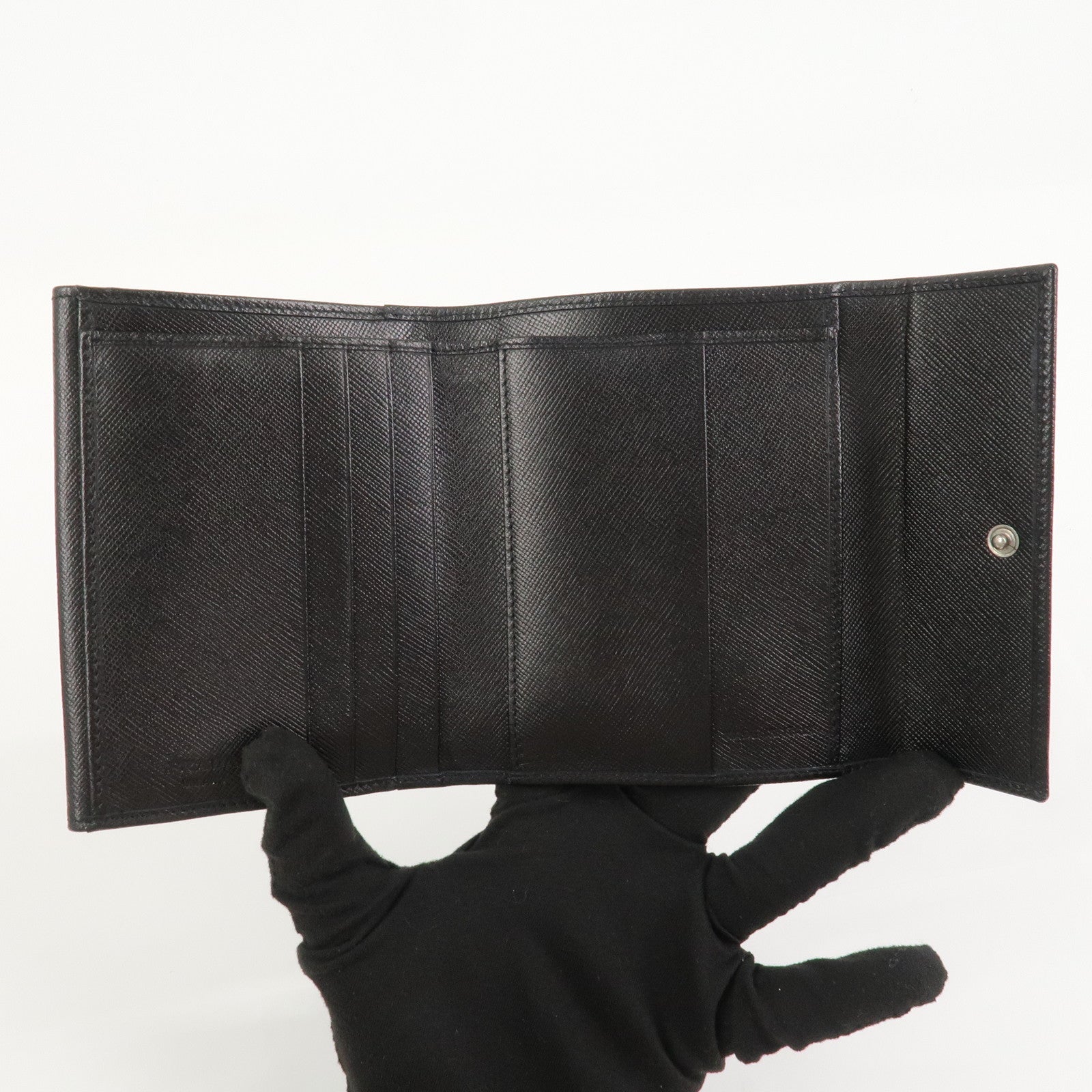 PRADA Triangle Logo Saffiano Leather Compact Wallet Black M53X
