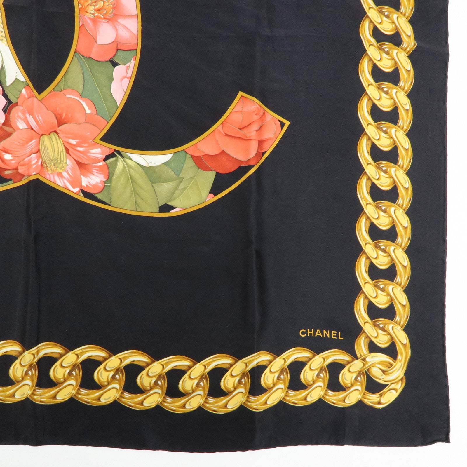 CHANEL COCO Mark Silk 100% Scarf Floral Motif Black Gold