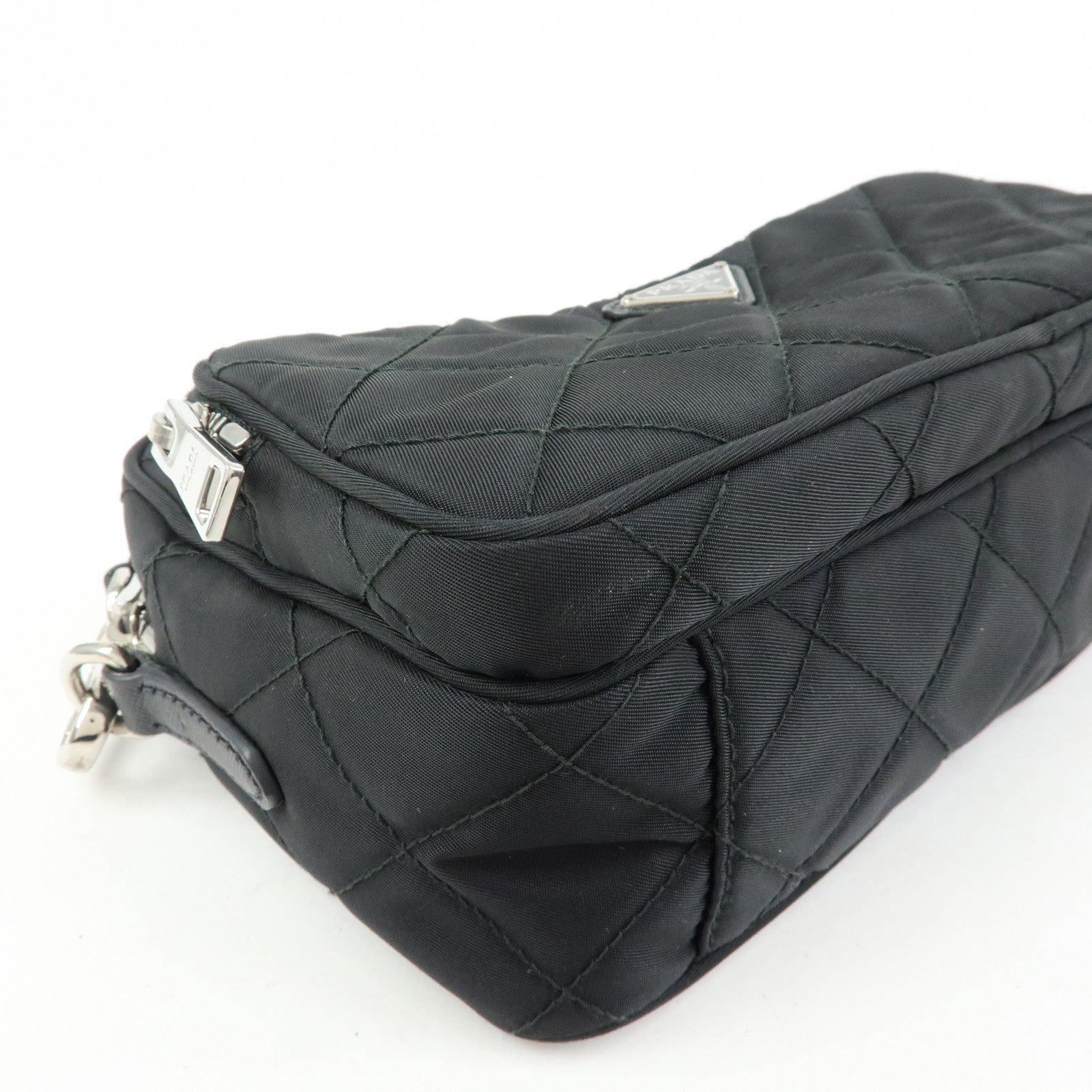 PRADA Triangle Logo Nylon Leather Quilt Shoulder Bag Black BT1027