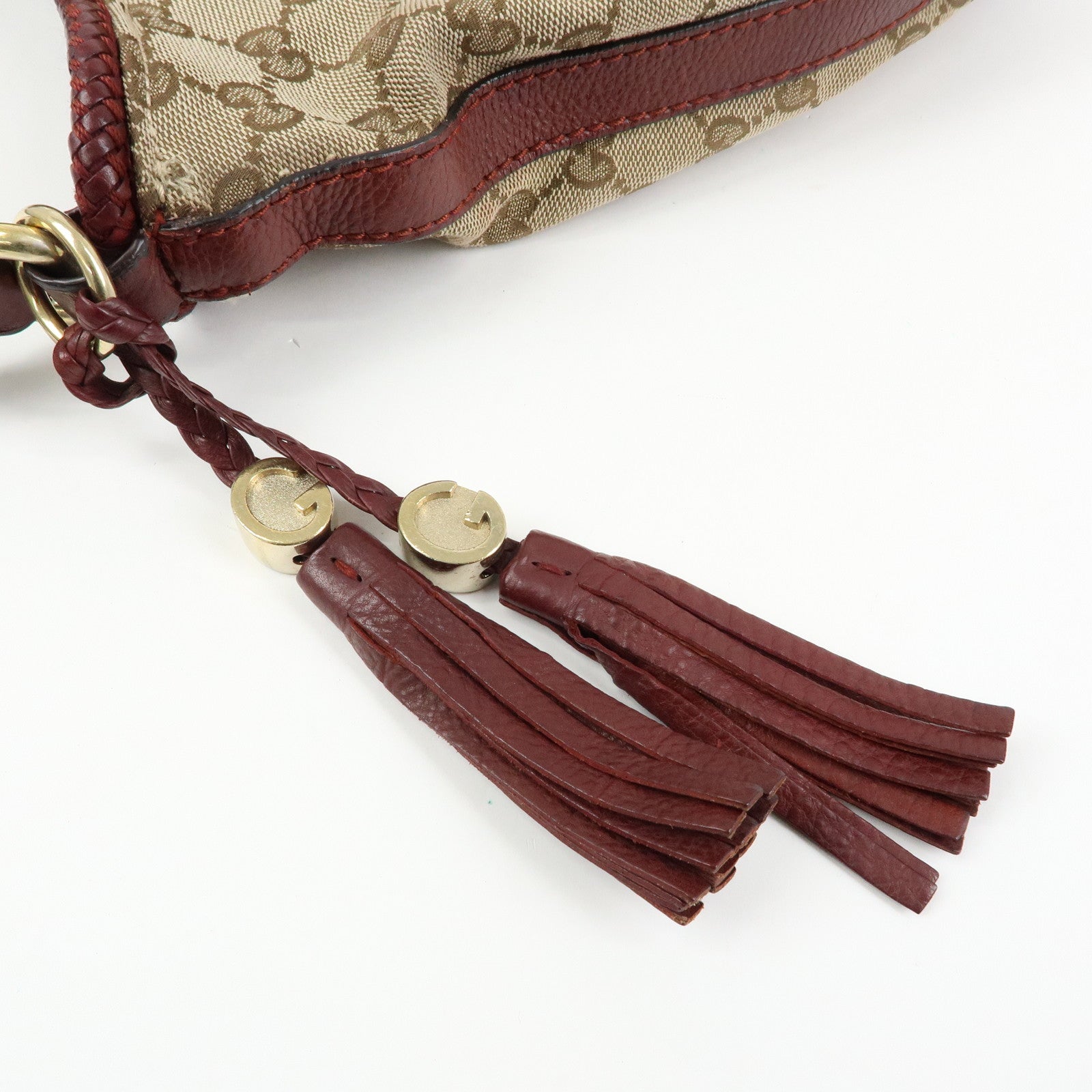 GUCCI Marrakech GG Canvas Leather Tassel Shoulder Bag Beige 257026