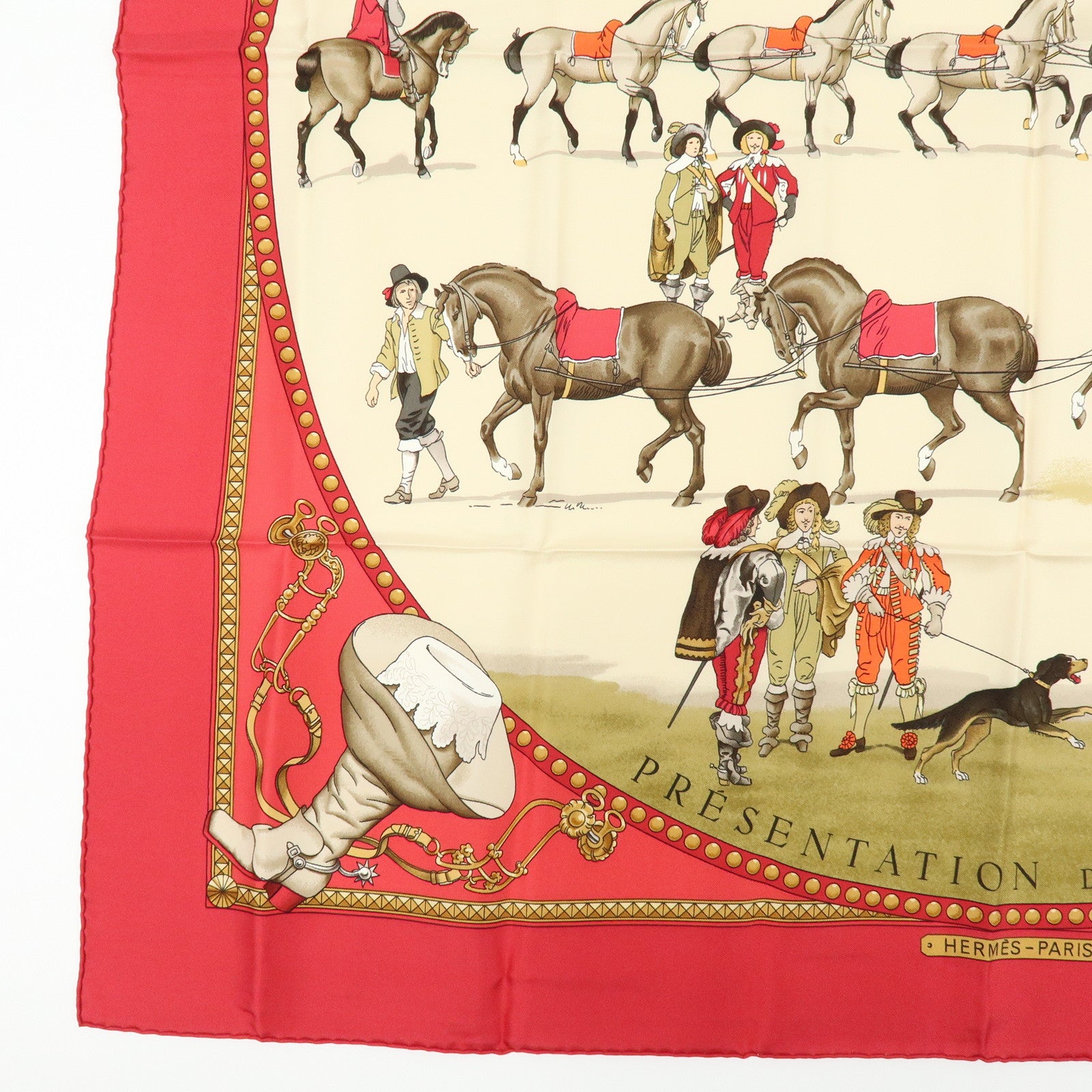 HERMES Carre 90 Silk 100% Scarf PRESENTATION DE CHEVAVX Beige Red