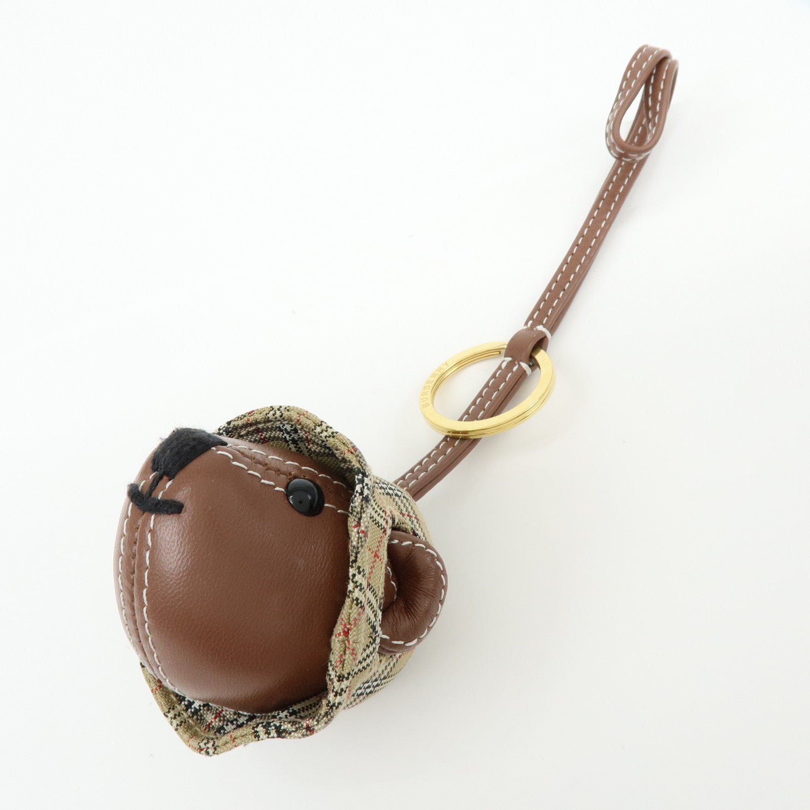 BURBERRY Nova Plaid Bear Motif Leather Canvas Bag Charm Key Chain